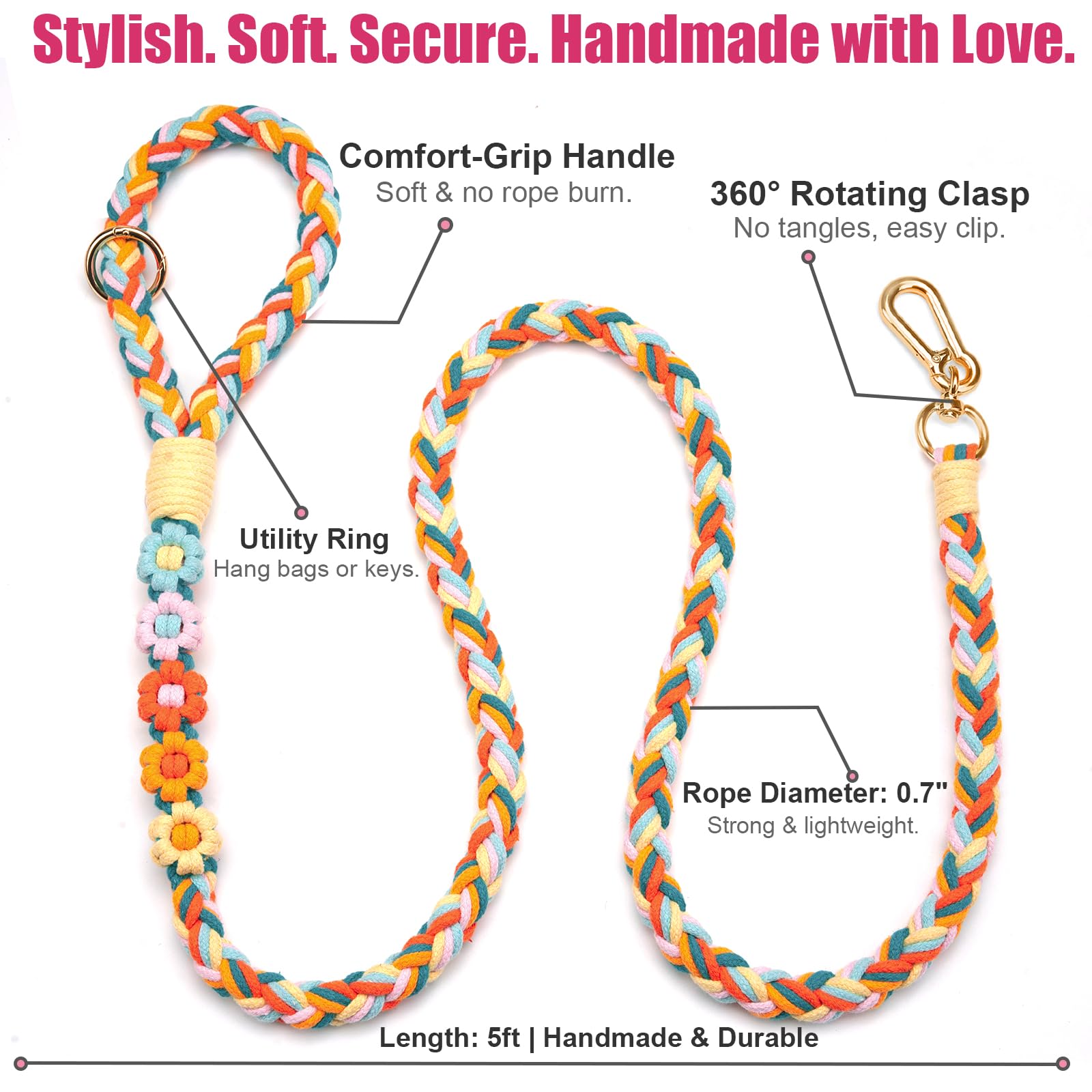 Correa de algodón Trenzado Hecha a Mano de 5 pies con Mango Floral único, Duradera y Elegante, Ideal para Perros pequeños a Grandes, Mezcla de arcoíris