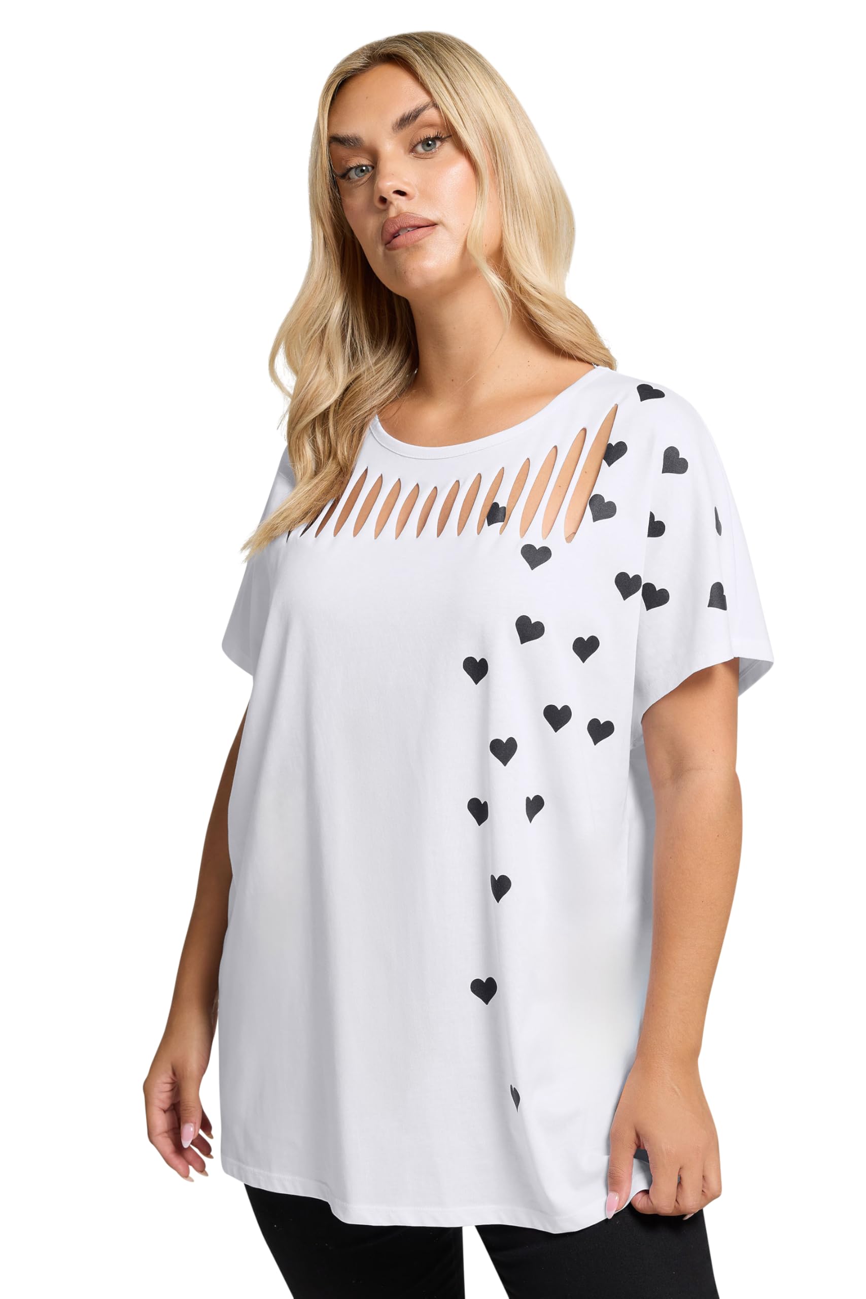Yours Women's White Curve Heart Print Slash Detail Top - Plus Size Curve