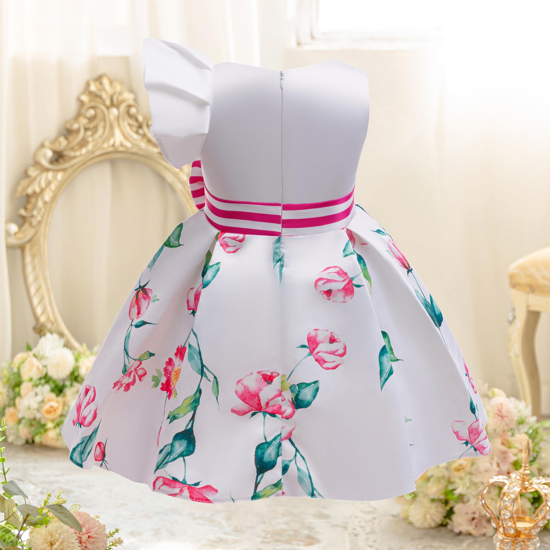 Vestidos de niña con mangas aleteadas Estampado Floral Lazo Estilo Princesa Longitud de la Rodilla Satén Ropa para Niños
