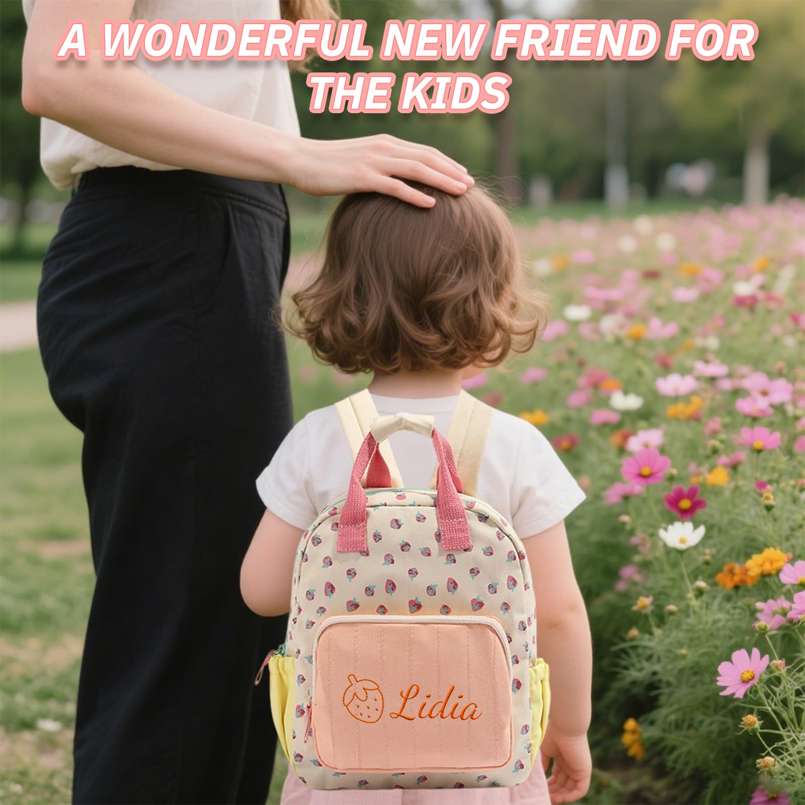 Generico Zainetto Bambina Personalizzato con Nome Ricamato, Mini Zaino Bambina 23x28cm, Zaino Personalizzato a Design Fragola per Bambine 2-5 Anni
