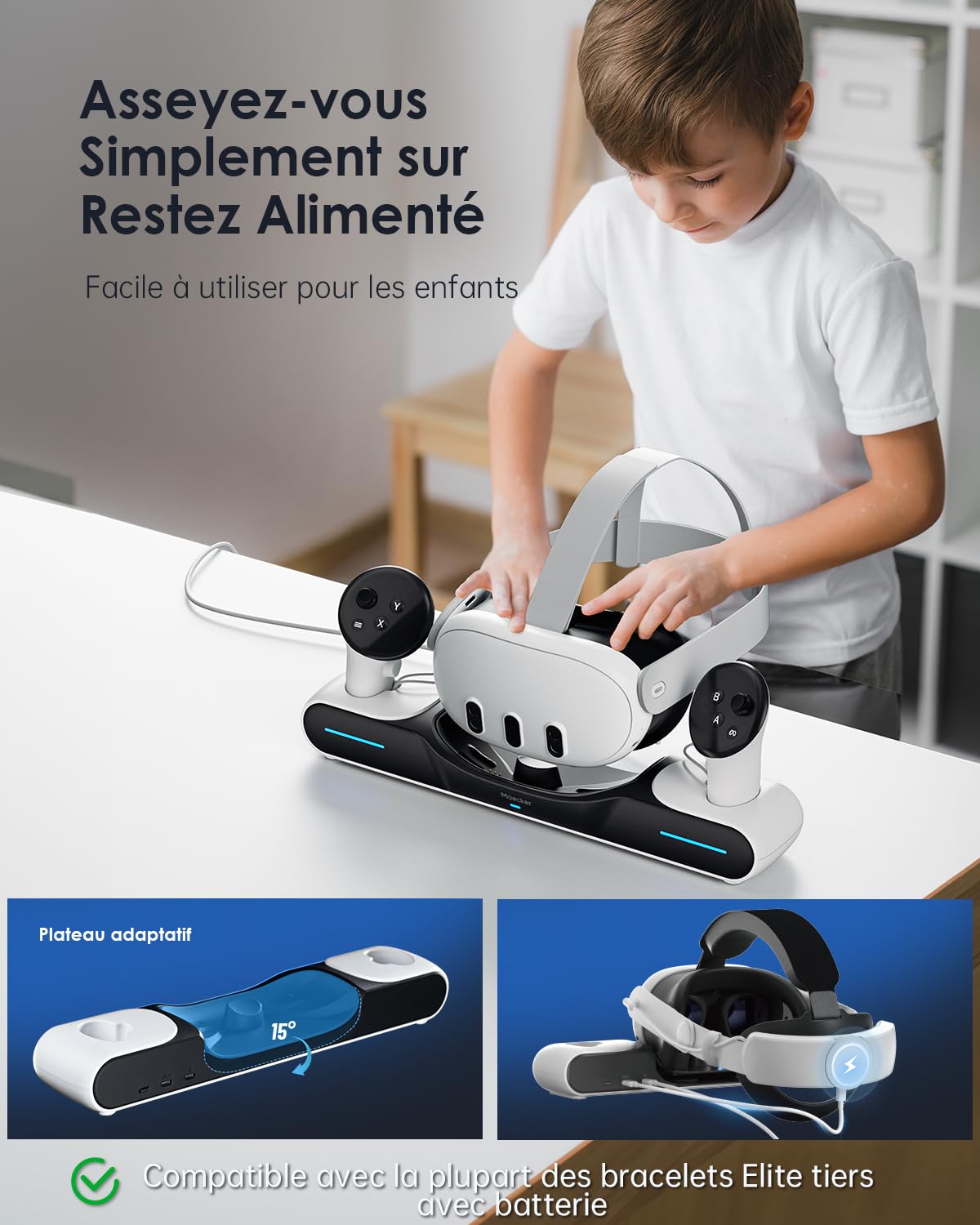 Rapide Station de Charge pour Quest 3 Station de Chargement Support pour Contrôleurs de Casque avec 2 Piles Rechargeables Accessoires pour Quest 3 - S3