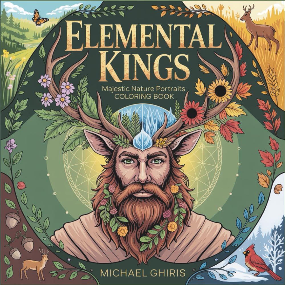 Elemental Kings: Majestic Nature Portraits Coloring Book - 40 Intricate Fantasy Designs with Mystical Beards, Seasonal Spirits, Woodland Crowns & Sacred Geometry for Stress Relief