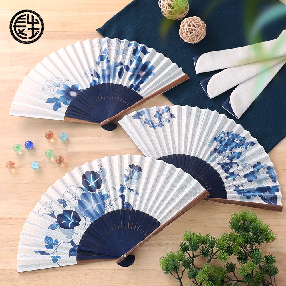 Indigo Morning Glory Folding Fan with Matching Handkerchief