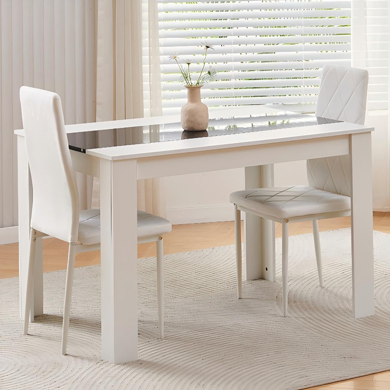 Homullel 120 cm Dining Table and 2 Chairs, 2 Seater Table and Chairs Set, 3 Pieces Kitchen Dining Room Set for 2, Compact, Space Saving (White Flannel Argyle Grid, 120cm, 2 Seats)