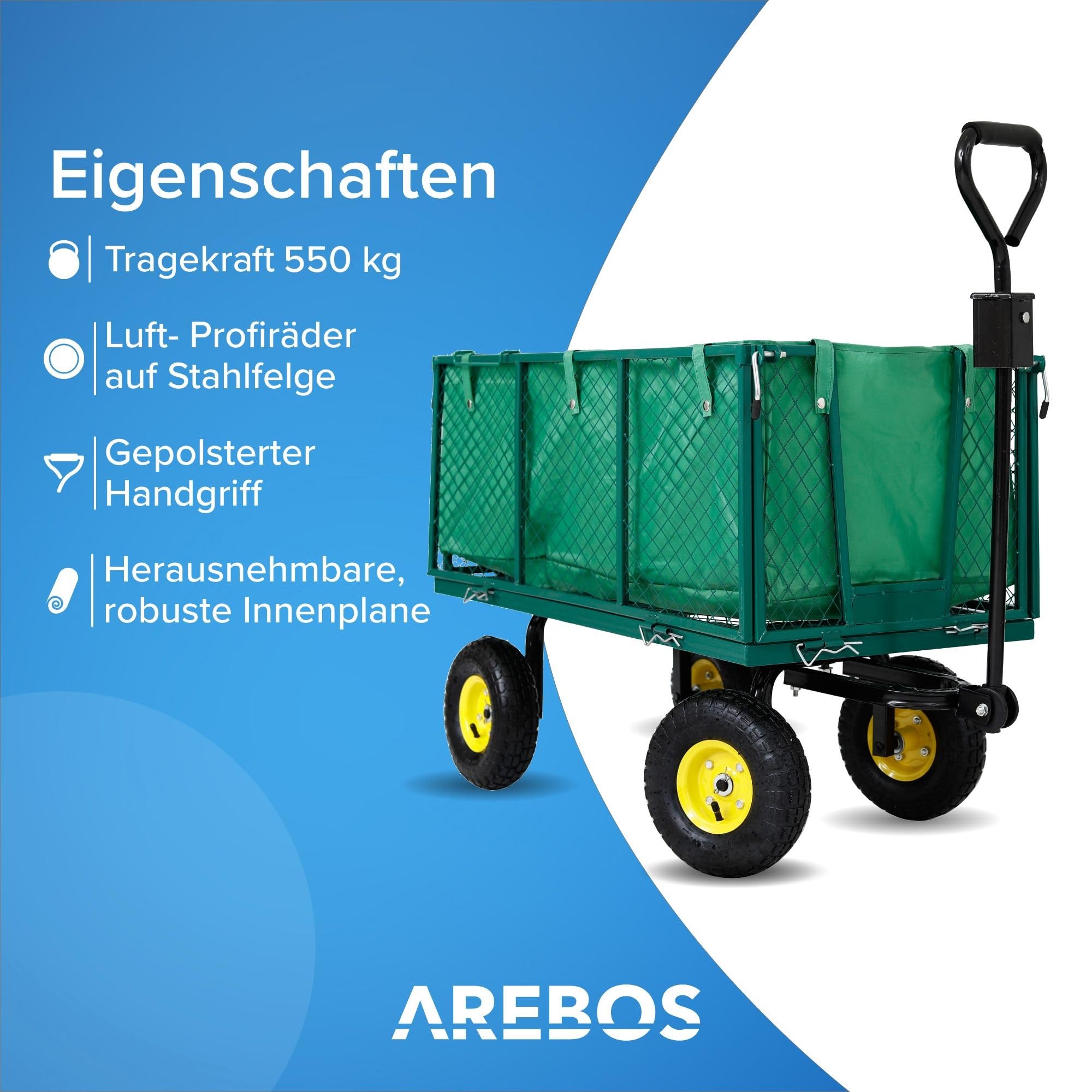 Arebos Bollerwagen | Gartenwagen | mit Profilreifen | 550kg belastbar | faltbar | grün | herausnehmbare Plane | kugelgelagerte Stahlfelgen | inkl. Handgriff & Deichsel | Plattformwagen