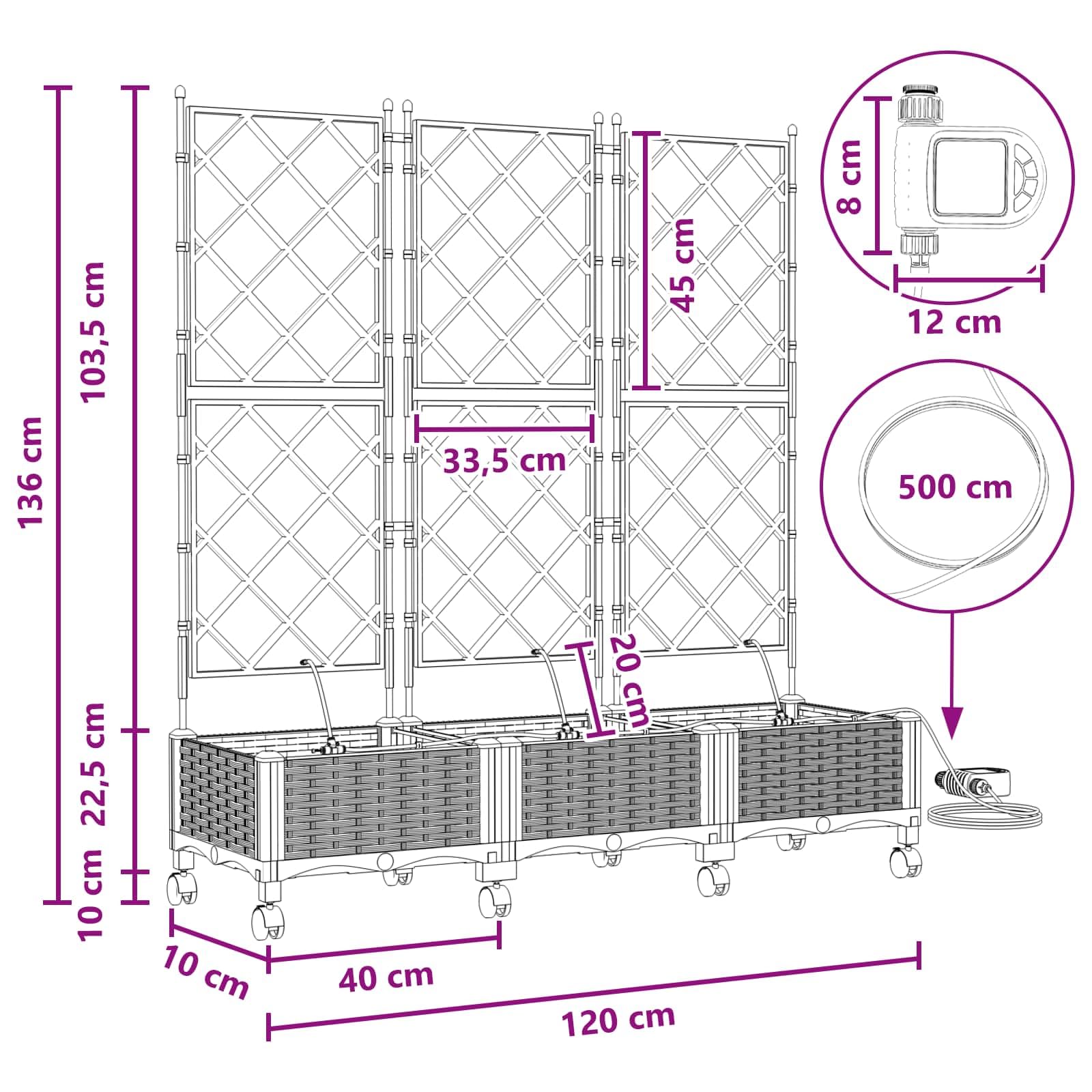 vidaXL Fioriera da giardino con irrigazione e ruote, 3 pezzi, in polipropilene bianco, da giardino e terrazza, moderna fioriera autoirrigante, resistente scatola per piante da esterno, contenitore