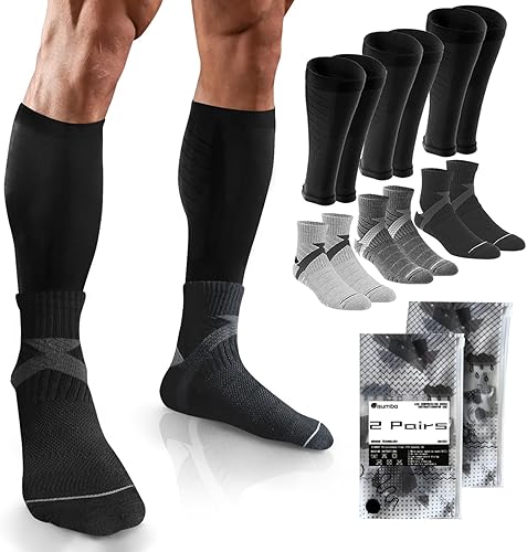 Manga de compresión de pantorrilla (2 pares) y calcetines deportivos (2 pares), calcetines de compresión para mujer, calcetines de compresión para