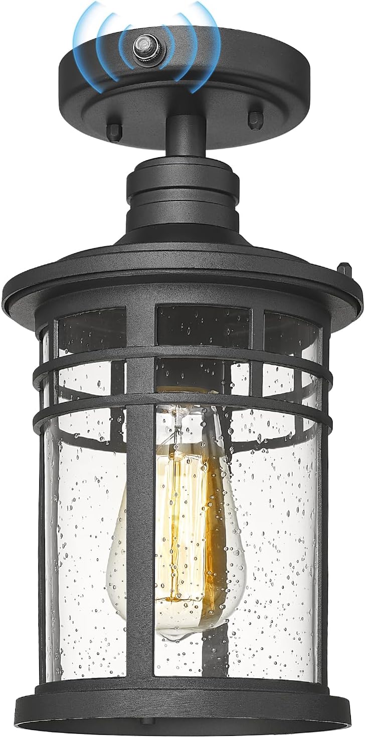 Darkaway Semi Ceiling Light Fixtures, Dusk to Dawn Black Flush Mount Ceiling Lighting with Waterproof Seeded Glass Shade for Outdoor Hallway Porch Entryway