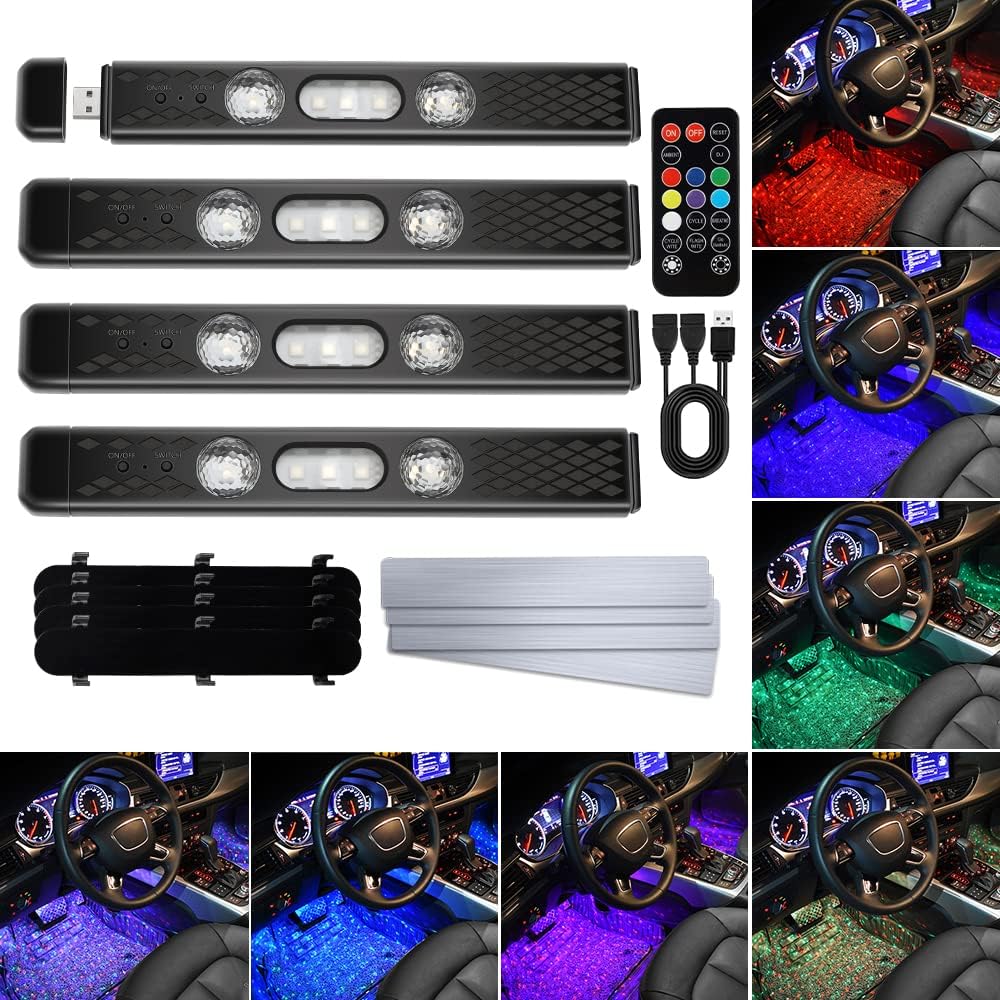 1797 Car Interior Lights LED Wireless RGB USB Automotive Neon Accent Light Kits Inside Starlight Remote Control Music Sound Sync Strip Rechargeable 12V Pack of 4