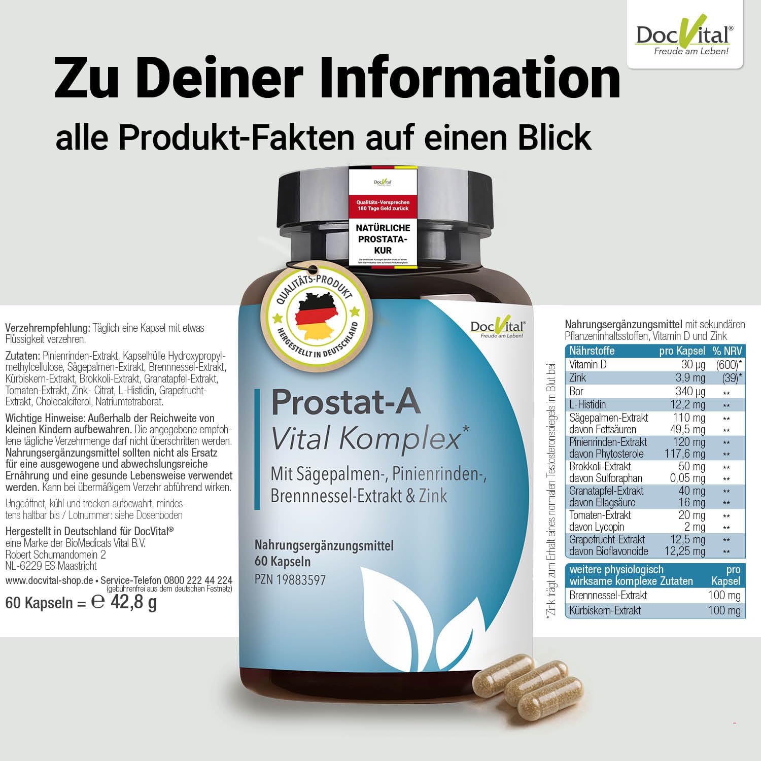 Prostata Komplex Kapseln - 2 Monatsvorrat - Sägepalmenextrakt, Kürbiskernextrakt, Zink, Vitamin D3 & mehr - Prostat-A Vital Komplex in pharmazeutischer, deutscher Qualität