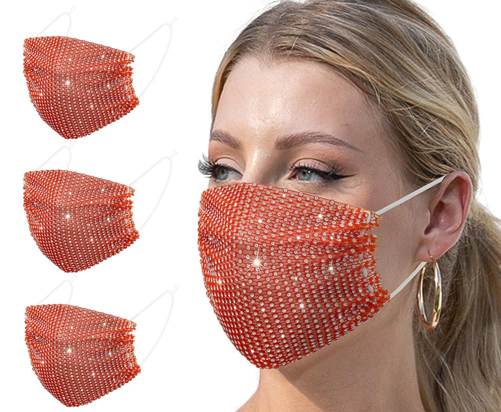 3 Pcs Red Rhinestone Teen Girls Custume Mesh Crystal Face Mask Birthday Party Decorations Bling Halloween Masks Sequin Glitter Christmas Party Decorations Night Women Face Masks Female Face Cover
