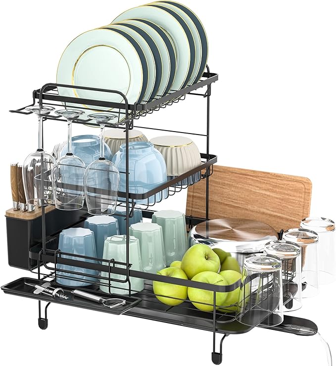 APEXCHASER 3 Tier Dish Drying Rack, Detachable Dish Drainer with Wine Rack,Cutting Board Holder