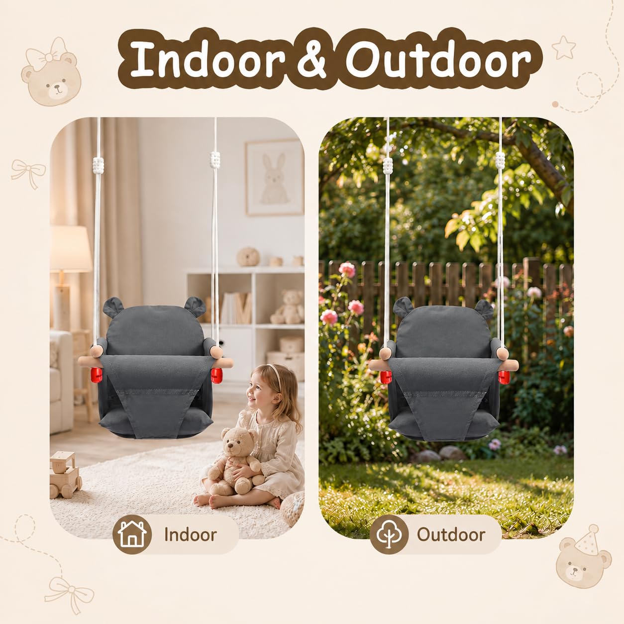 Columpio para bebé de madera, columpio infantil con cinturón de seguridad