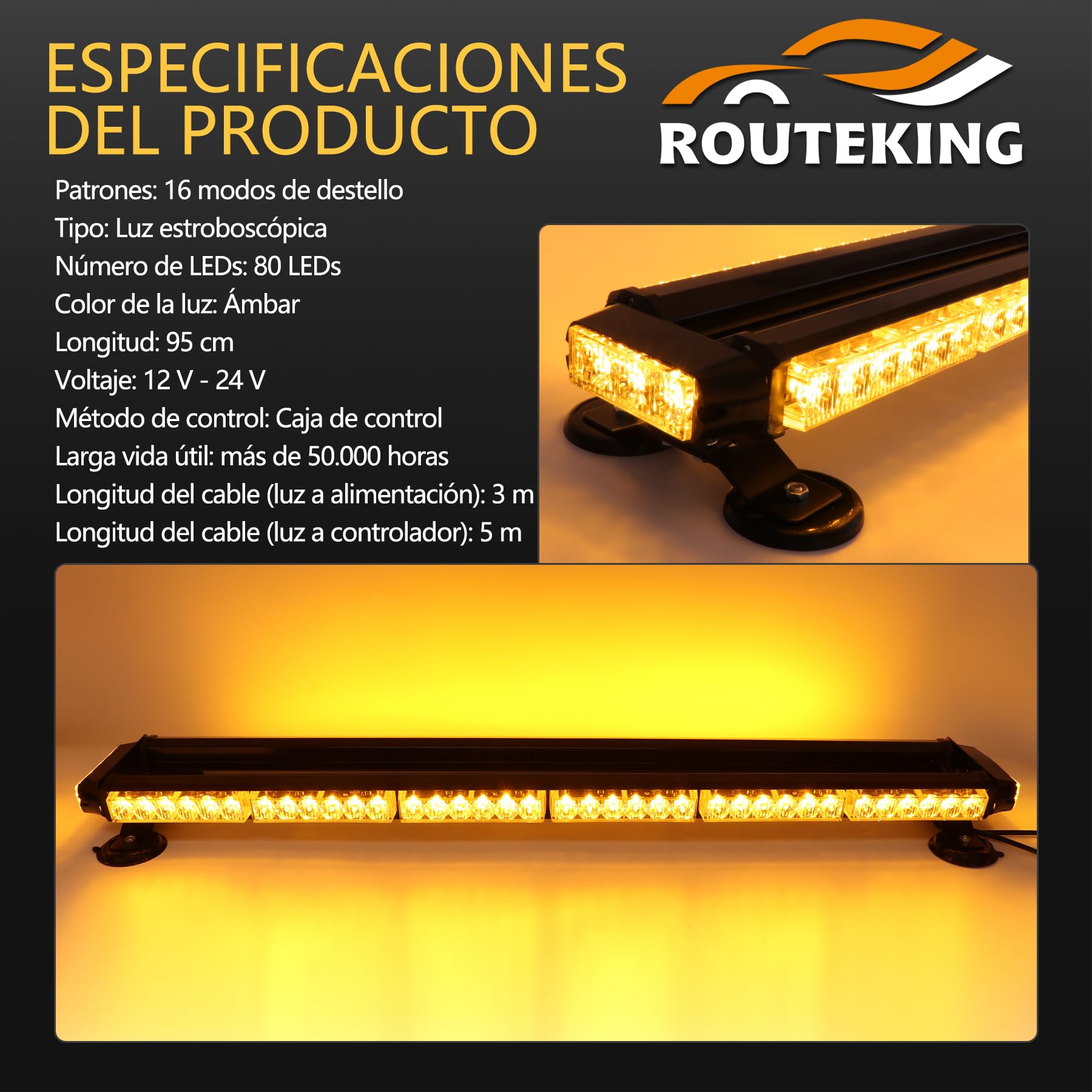 Rotativo LED Tractor, Barra Luz Emergencia Ámbar 95 cm, 80 LED, 12-24V, Magnética 360°, 16 Modos, Girofaro Baliza Señalización para Vehículo, Camión y Obra