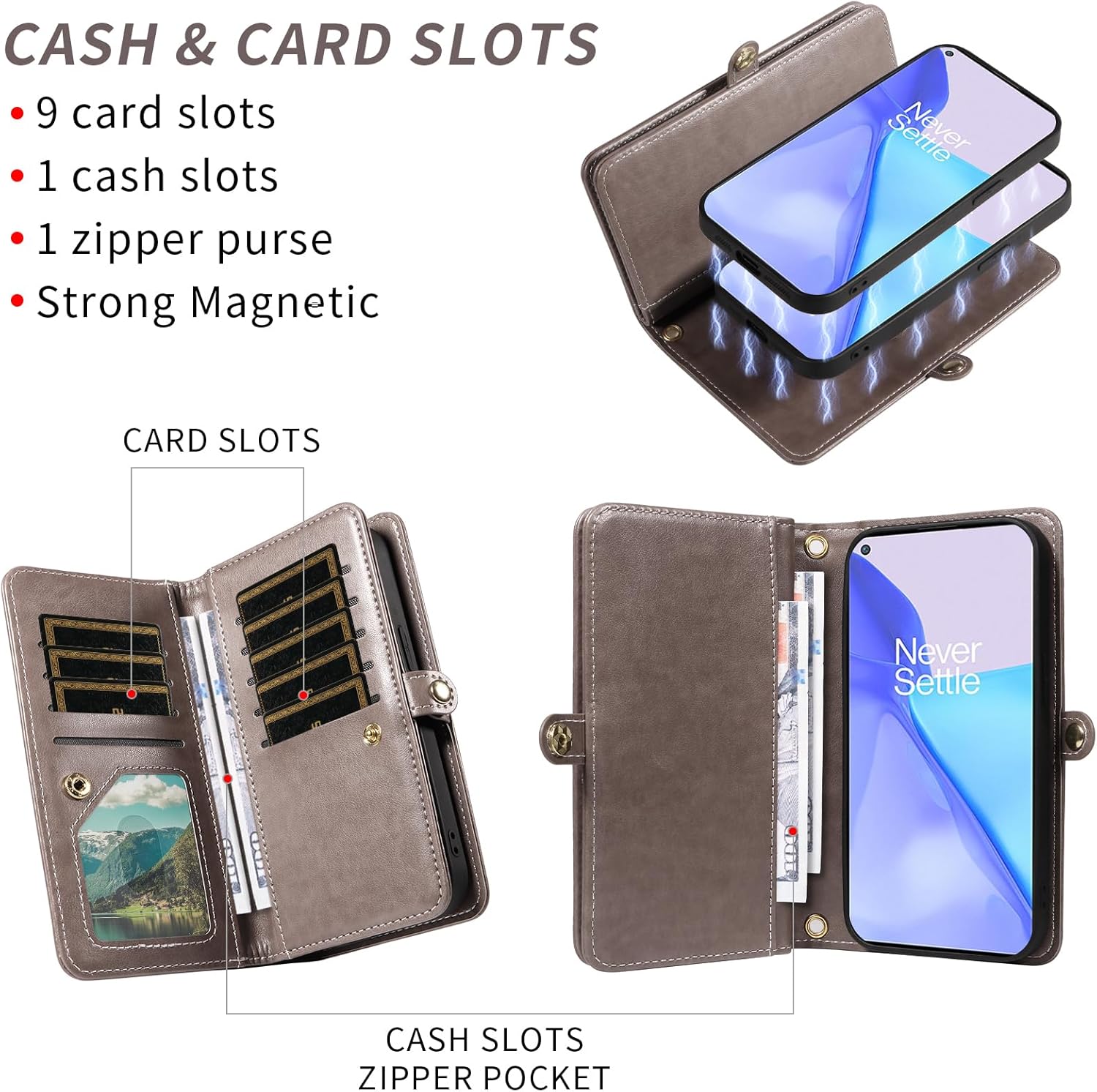 Asuwish Phone Case for OnePlus 9 OnePlus9 5G Zipper Wallet Detachable Cell Cover with Tempered Glass Screen Protector Strap Flower Card Holder One Plus9 On 1 Plus 1plus One+ 1+ 1+9 Nine Women Men Gray