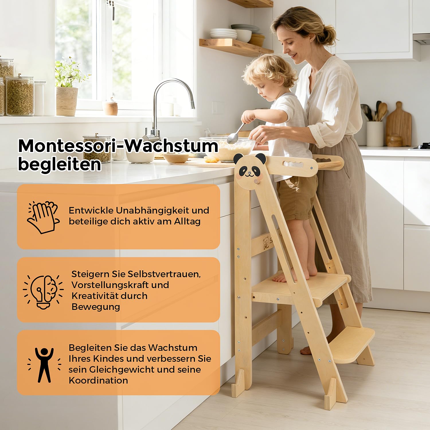 Montessori Tour d'Observation Pliable, Tabouret en Bois, Hauteur Réglable, Sécurité Anti-basculement 1 an+