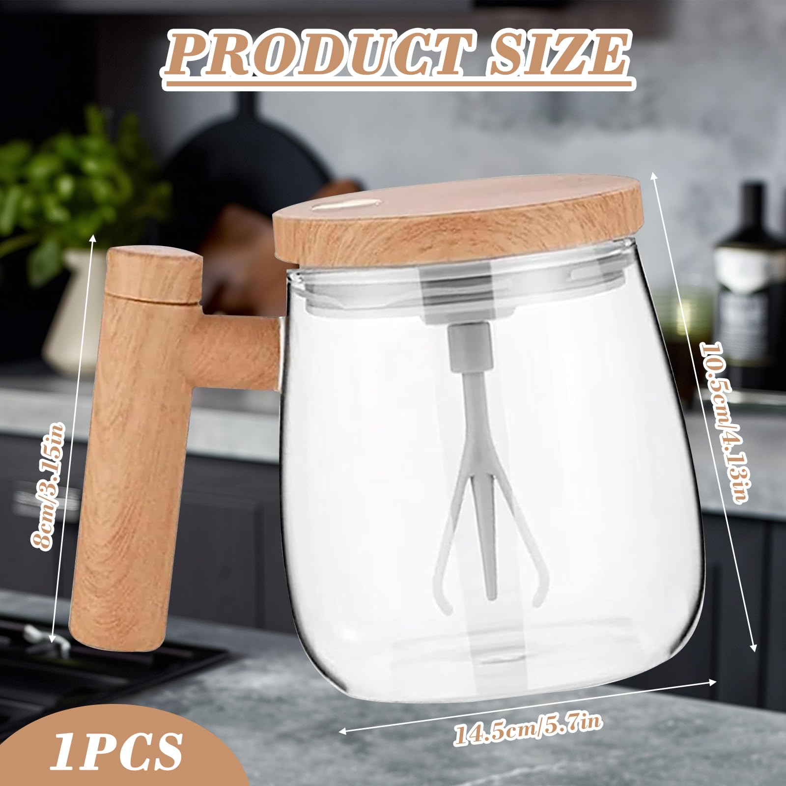 Tazza Auto-Mescolante In Vetro 400ml - Self Stirring Mug Con Coperchio, Effetto Legno, Per Caffè, Latte, Proteine - 2