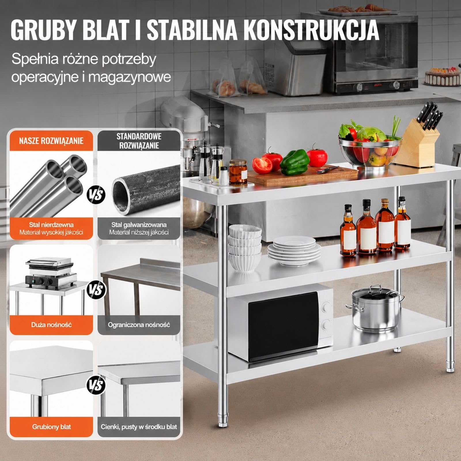 Stół roboczy kuchenny ze stali nierdzewnej z 2 regulowanymi dolnymi półkami do grilla, kuchni i domu