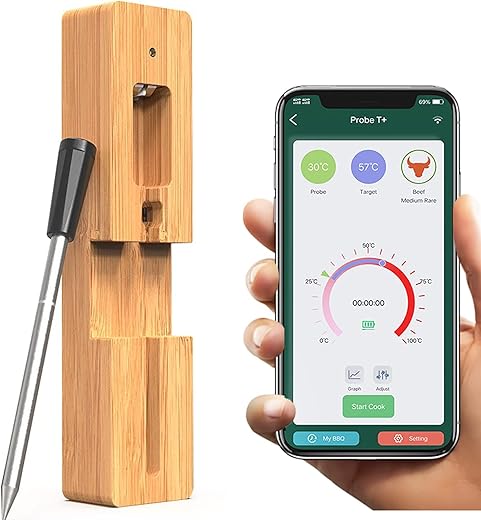 Grillthermometer Kabellos Fleischthermometer Funk Bratenthermometer über iOS Android mit Intelligenter App Bluetooth Küchenthermometer Thermometer Steak Backofen Garten BBQ…