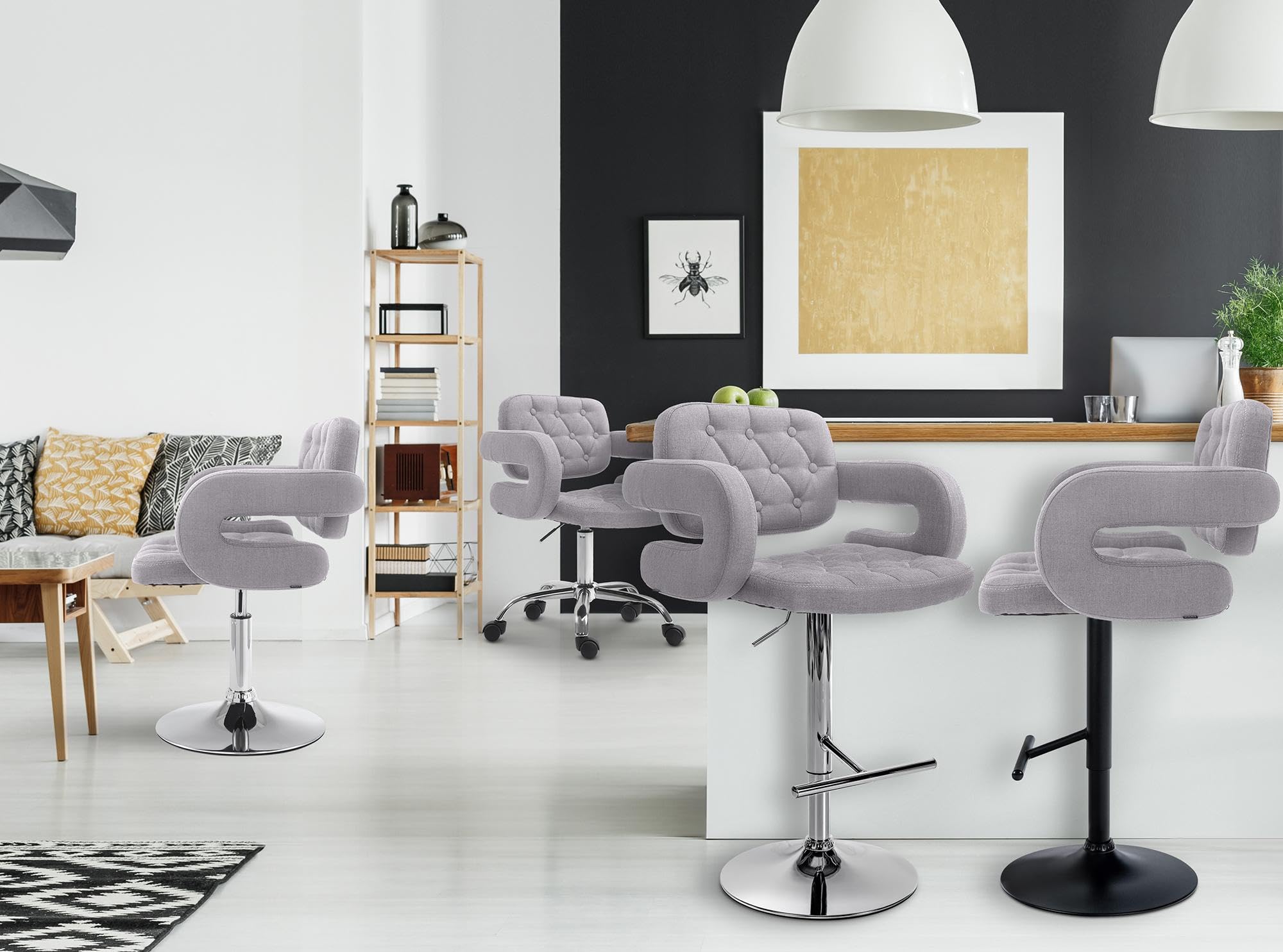 CLP Tabouret De Bar Dublin en Tissu I Chaise De Bar Réglable en Hauteur I Style Chesterfield I Chaise Haute avec Accoudoirs | Couleur Gris Couleur du Cadre Chrome