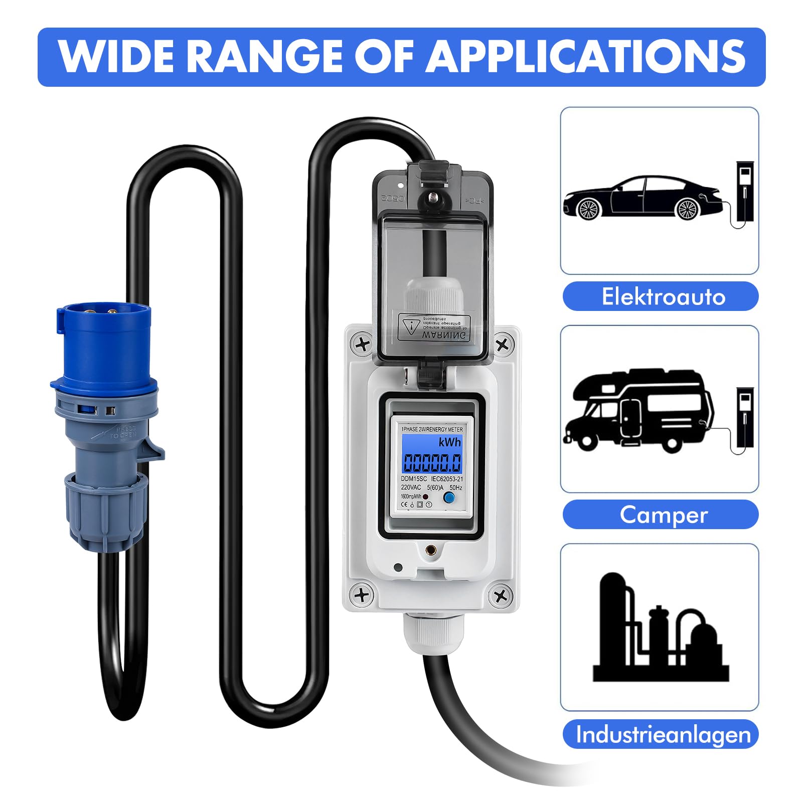 Jadeshay Contatore Energia Elettrica,230V 16A Misuratore Consumo Elettrico Mobile Contatore di Energia Impermeabile con Reset per Camper RV Auto Domestico con Spina CEE Industriale e 3 Metri Cavo