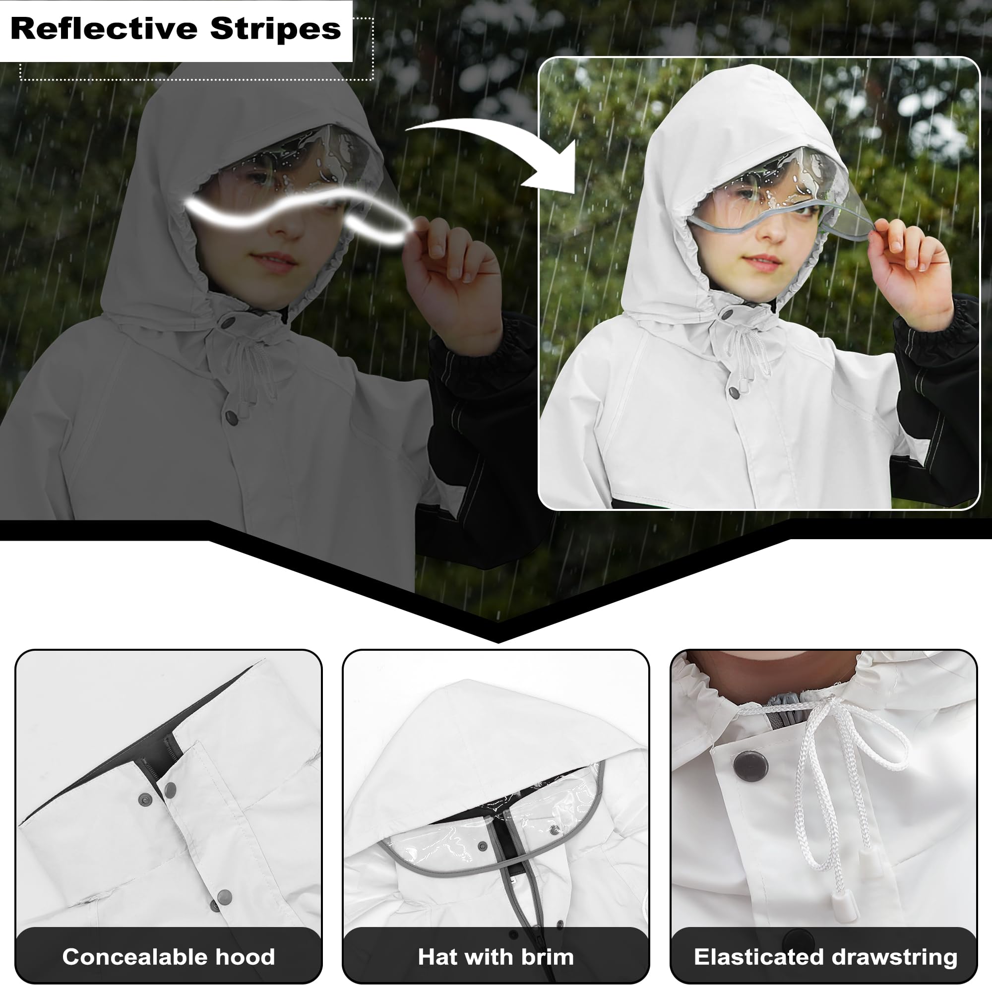 Tuta Impermeabile Ragazze Ragazzi, Leggero Antipioggia Giacca con Cappuccio e Pantaloni Set, Unisex Bambini Impermeabili Tute Pioggia con Strisce Riflettenti per 8-14 anni