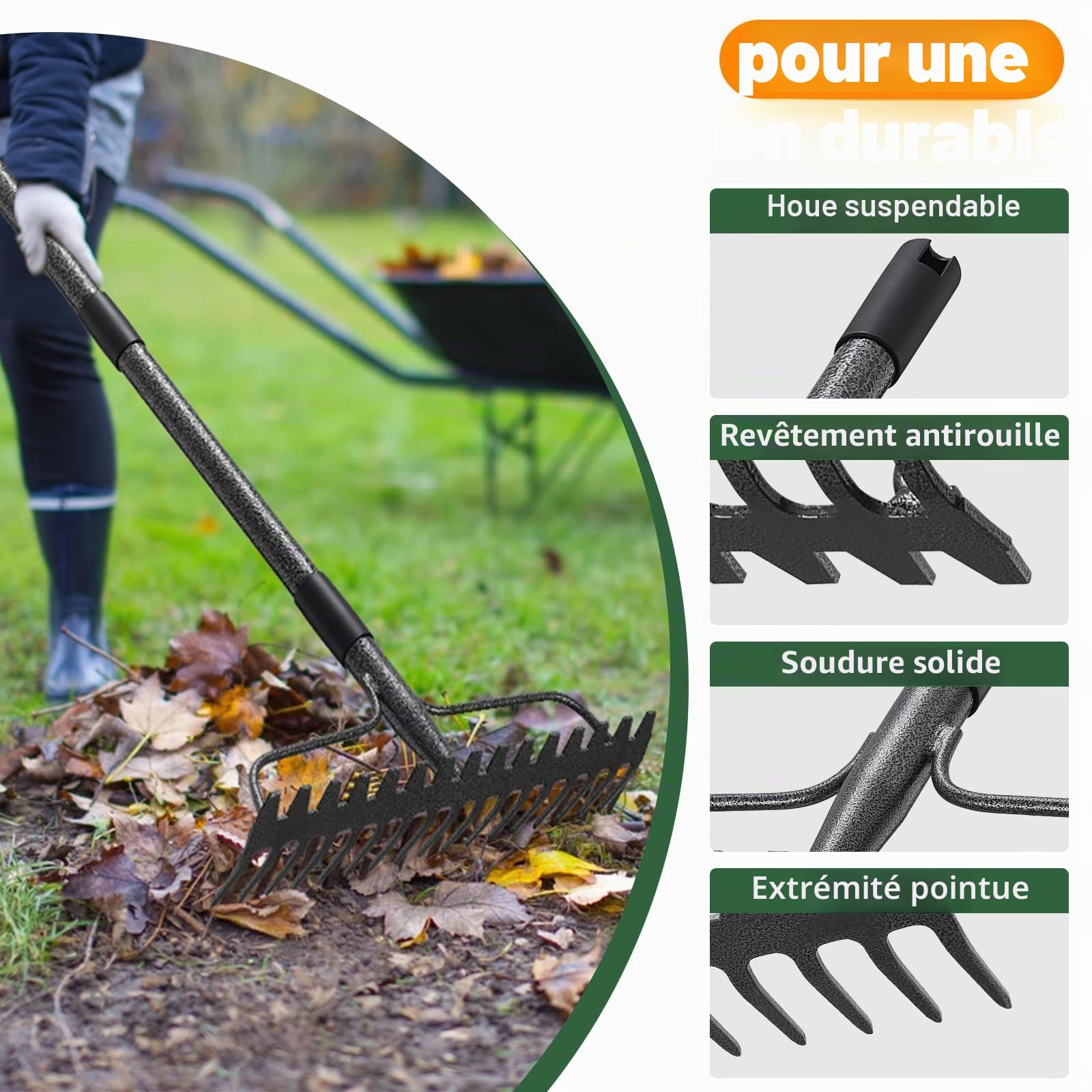 Râteau de jardin 150 cm - Râteau en métal robuste avec manche et 17 dents pour gazon, feuilles & sol | Râteau à gazon pour aérer, niveler & désherber | Râteau à foin durable pour cour