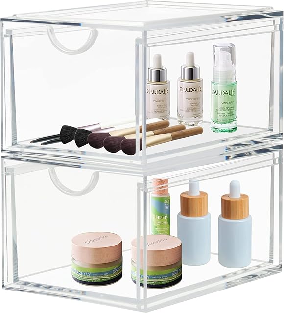 CECOLIC 2 Pack Stackable Cosmetic Organizer Drawers, Clear Acrylic Makeup Storage Organizer, Plastic Storage Bins Vanity Container for Bathroom Countertop, Bedroom Dresser, Kitchen Cabinets