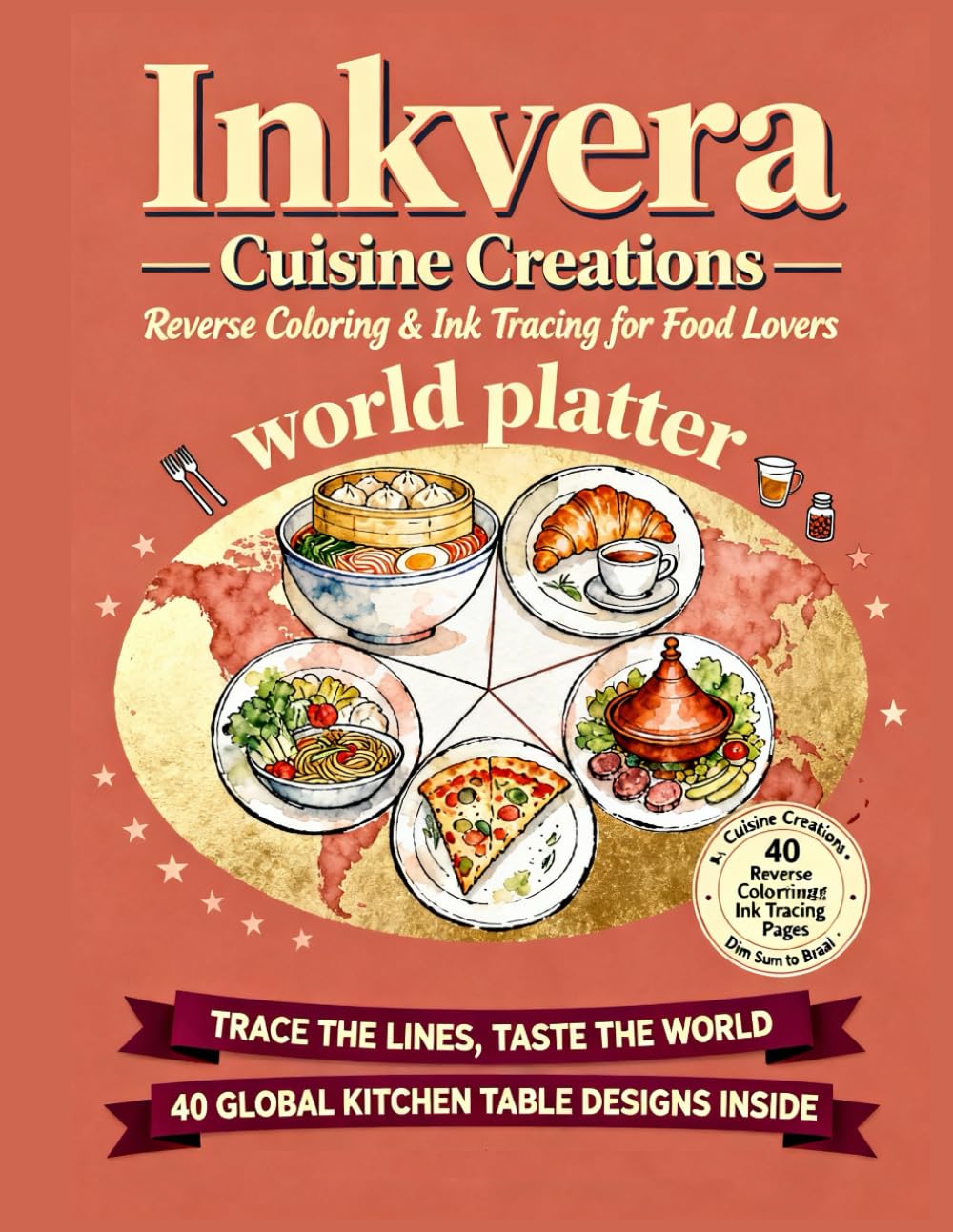 Inkvera: Cuisine Creations: Reverse Coloring & Ink Tracing Food Book for Adults – Global Cuisine Scenes, Mindful Doodling, Stress Relief Art, ... Coloring, 40 Watercolor Kitchen Table Designs