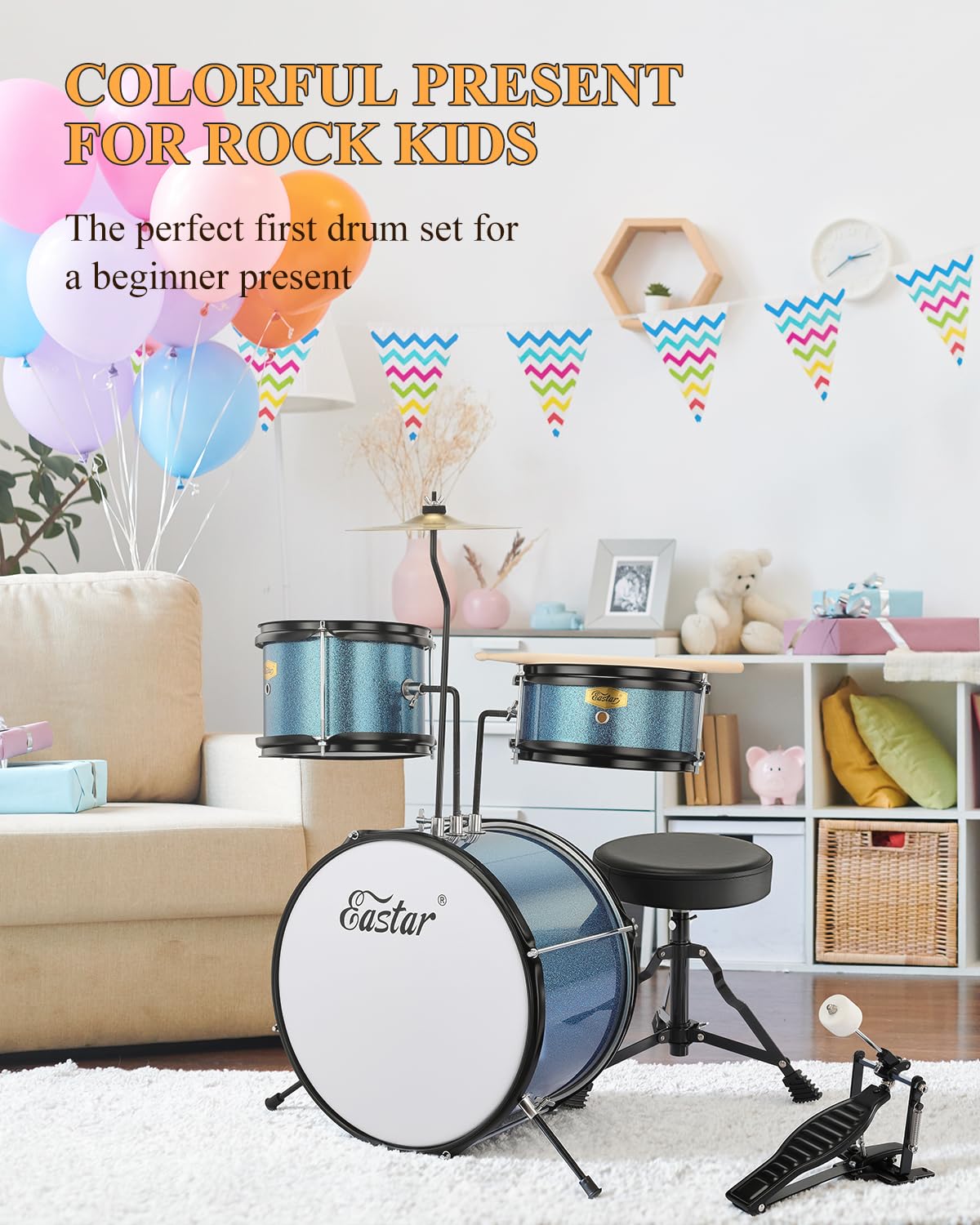Eastar Kit Batterie Enfant 14" avec Tabouret, Cymbale, Pédale et Baguettes