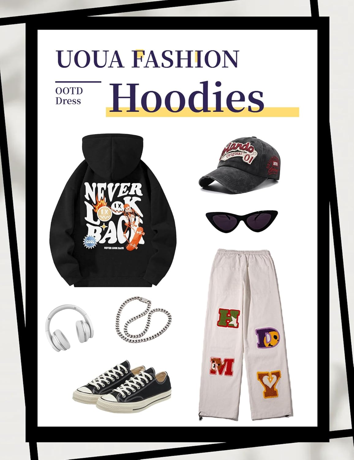 UOUA Men's Graphic Quarter Zip Hoodies Casual Long Sleeve Drop Shoulder Sweatshirt Pullover Streetwear Top - Image 7