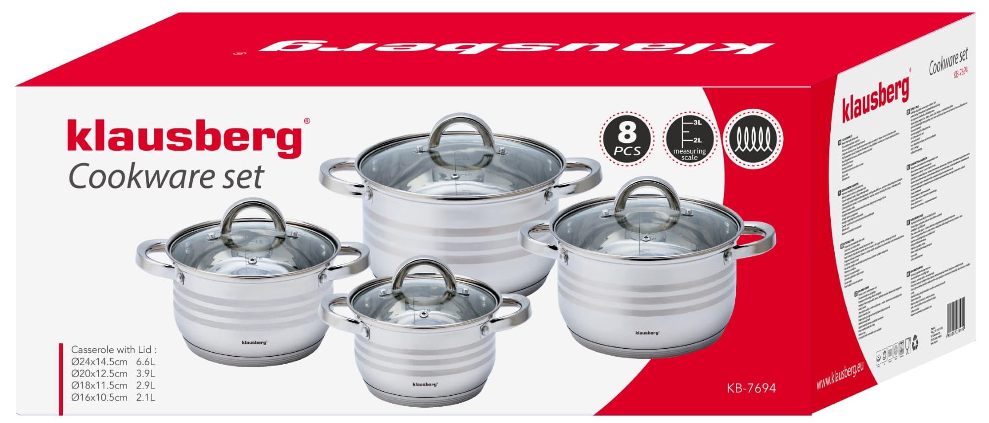 8-teilig Edelstahl Kochtopf Set Topfset mit Glasdeckel Topfe Induktion KLAUSBERG KB-7694
