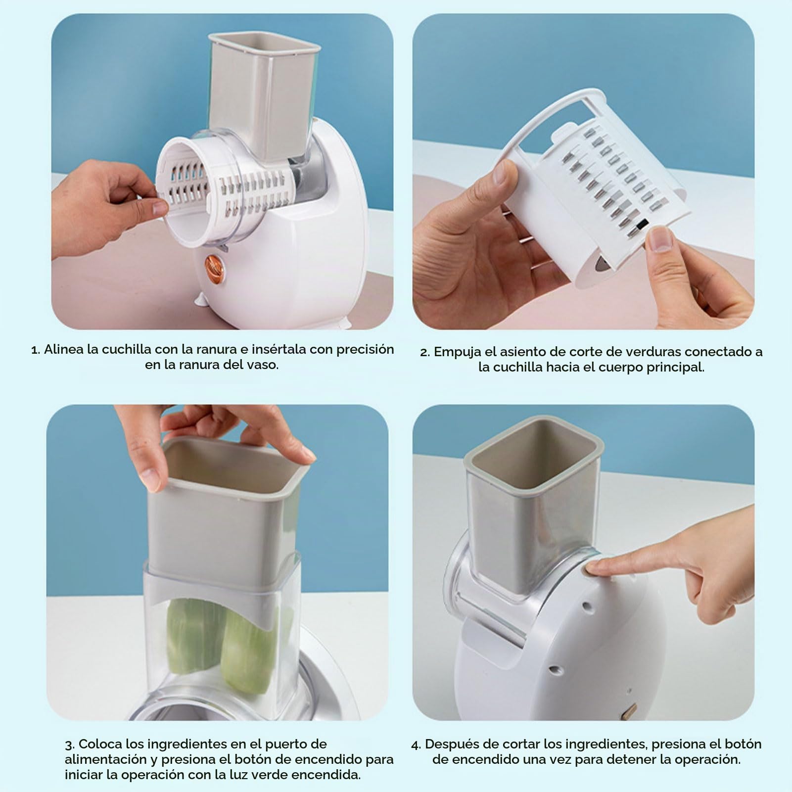 Rallador Eléctrico Eficiente y sin Esfuerzo, Acero Inoxidable, Operación con unToque, Diseño Versátil para Frutas, Verduras, Quesos con Batería, Ideal para Cocina Casera,