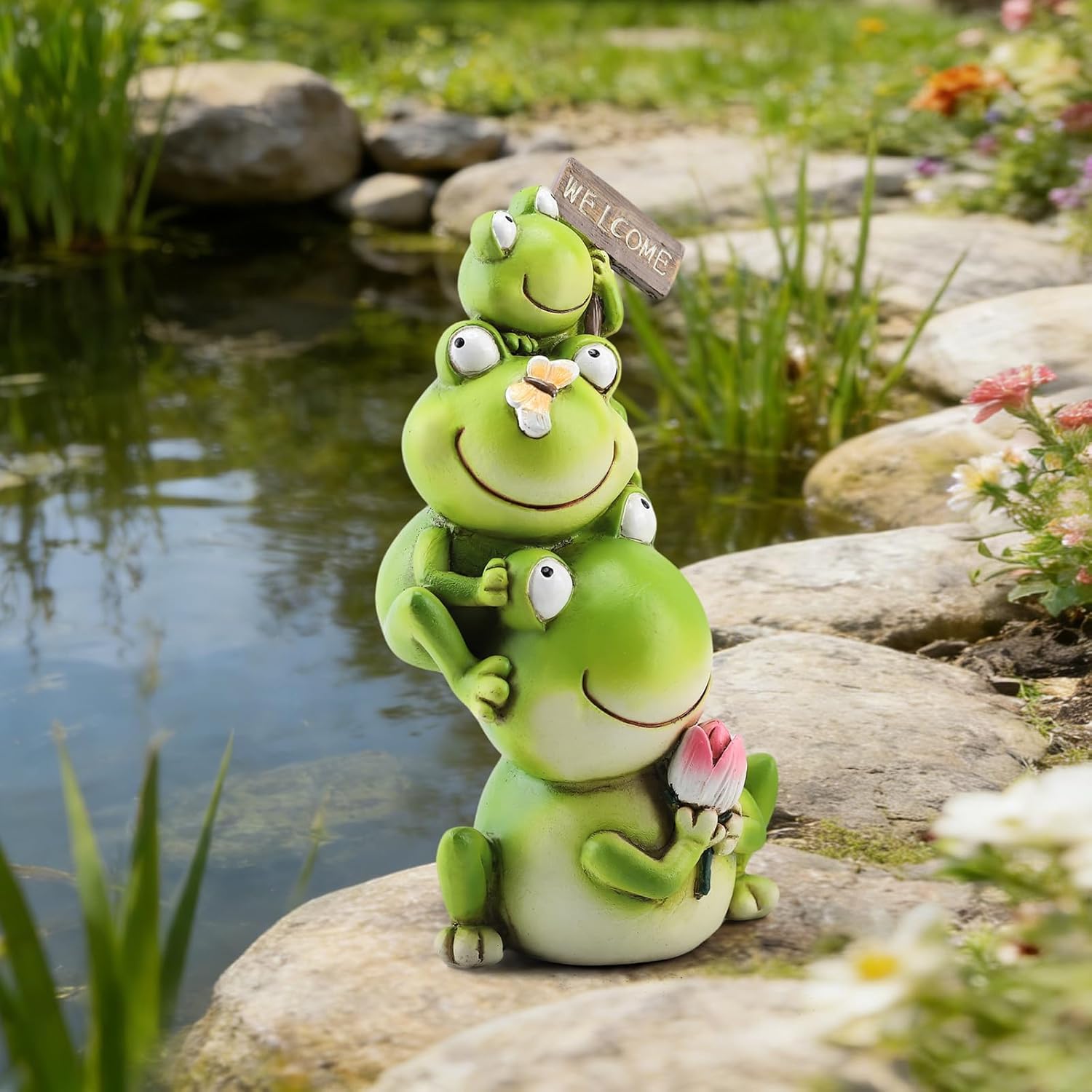 Stacked Frog Figurine Set - 3-Tier Resin Frogs with Welcome Sign & Lotus, Whimsical Indoor/Outdoor Decor for Garden, Desk & Porch
