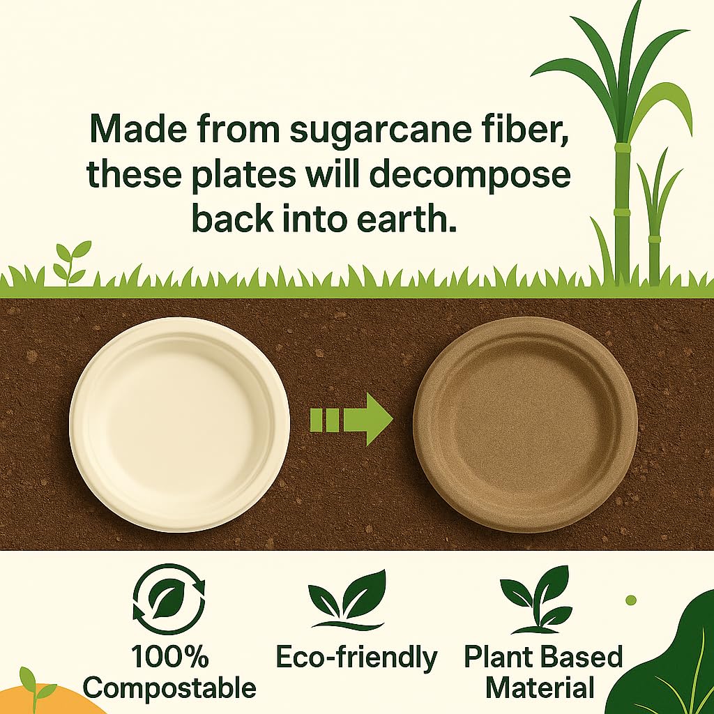 [23cm - 1000 pezzi] Piatti TONDI piani biodegradabili compostabili ecologici in bagassa - usa e getta, resistenti e riciclabili, ideali per feste, catering, eventi