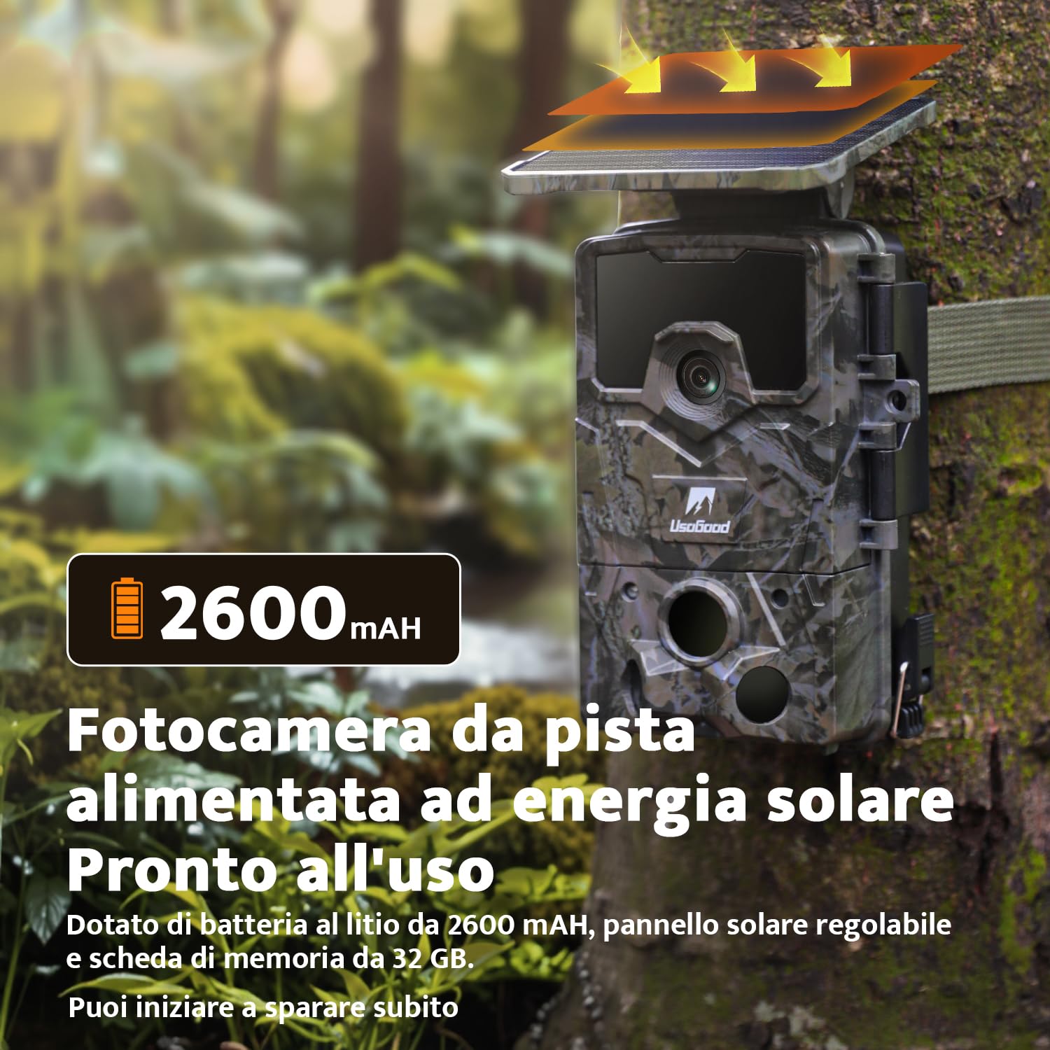 usogood Fototrappola Solare 4K 48 MP, Batteria al Litio da 2600 mAh Integrata, Fototrappola Notturna con Visione Notturna Attivata dal Movimento, Includere Scheda di Memoria da 32 GB IP66 Impermeabile