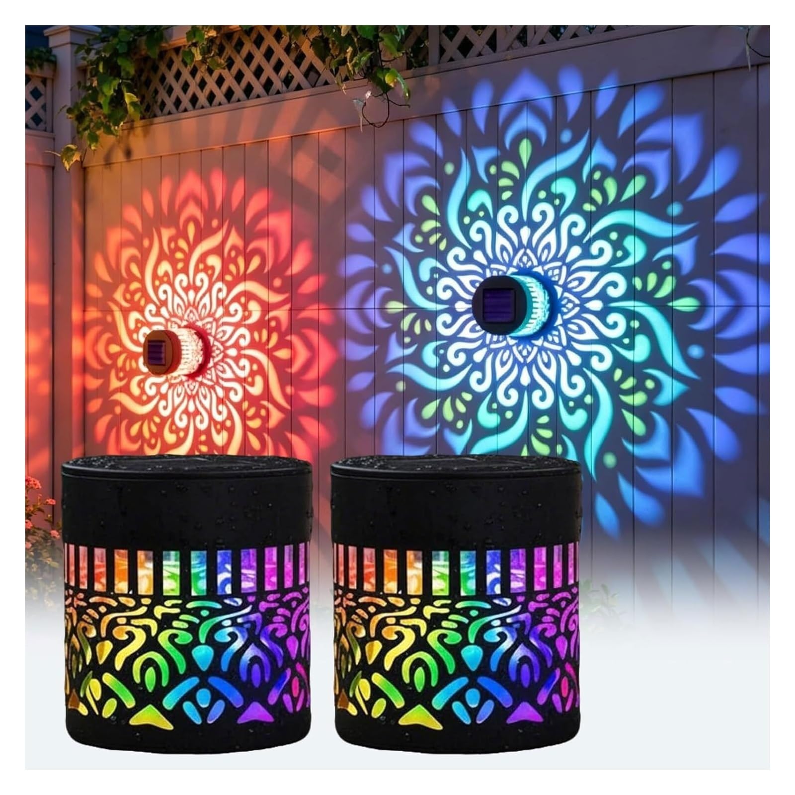 Solar Mandala Lights Outdoor Wall,Seven-Color Changing Mandala Projector Light, Outdoor Waterproof Metal Fence Lights for Garden Post Patio Backyard Yard Decor(2PCS Colorful)