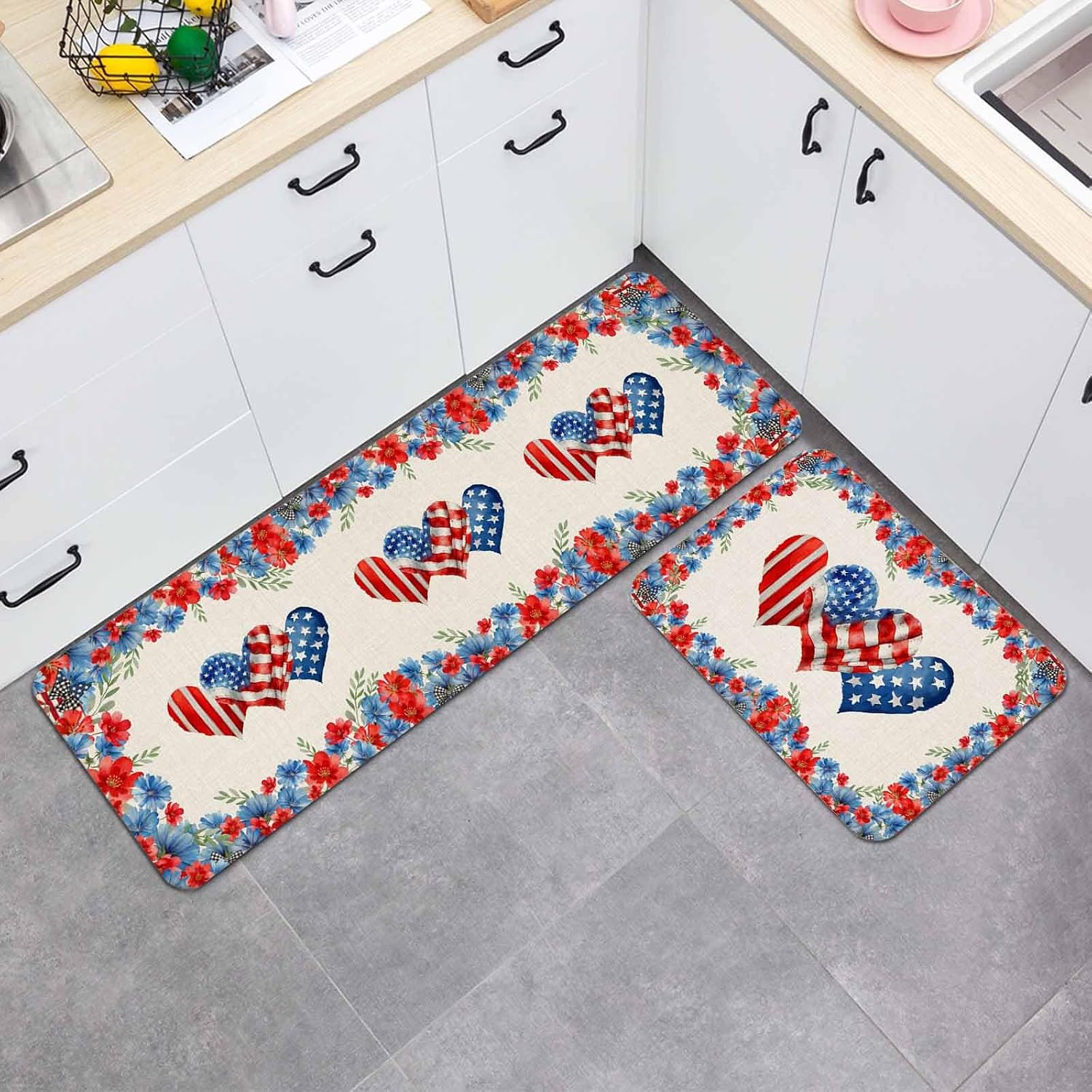 Independence Day Kitchen Mat Set 2 Pieces Watercolor Red Blue Heart Flag Floral Linen Texture Non Slip Kitchen Rugs Washable Runner Rug Mats for Sink Laundry (19.7" x 31.5"+19.7" x 47.2")