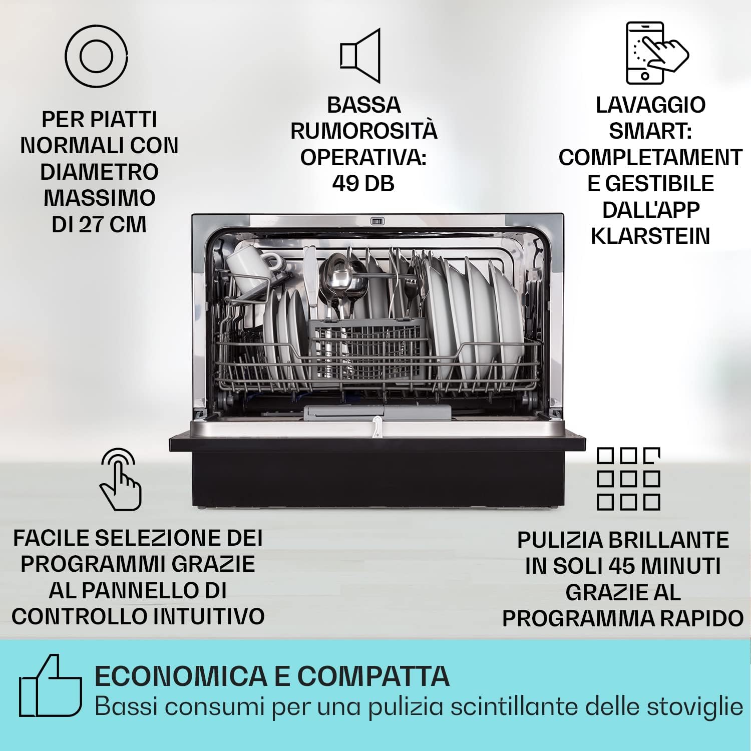Klarstein Lavastoviglie 6 Coperti, da Incasso Silenziosa con 7 Programmi di Lavaggio, Facile Installazione, Lavastoviglie Piccola, per Casa e Ufficio, Acciaio inossidabile, Nero [Classe di efficienza energetica F]