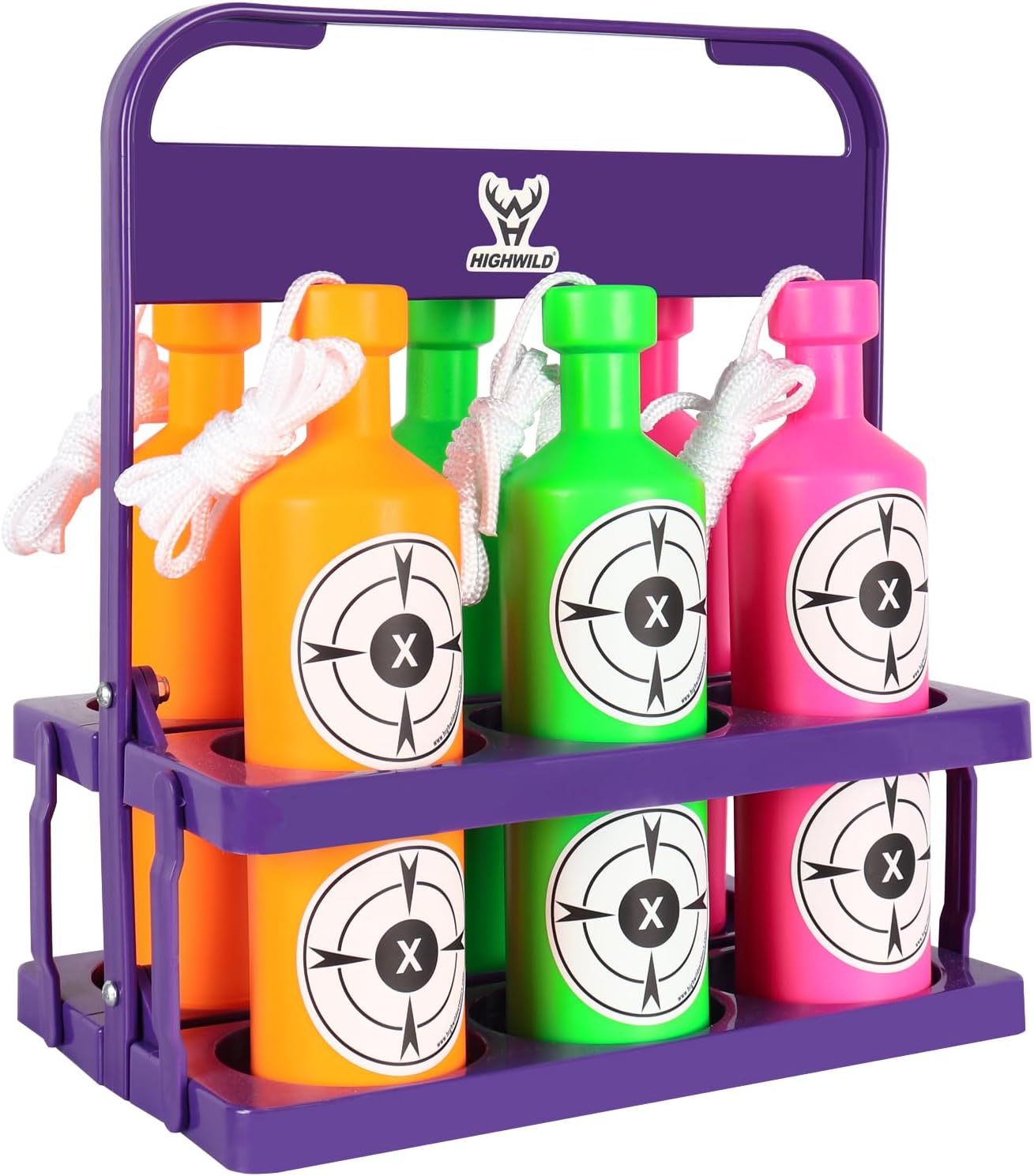 Highwild Plastic Bottle Targets for Shooting - 6 Neon Bottles with Hanging Rope - Includes Foldable Storage Rack - Ideal for Indoor and Outdoor Training