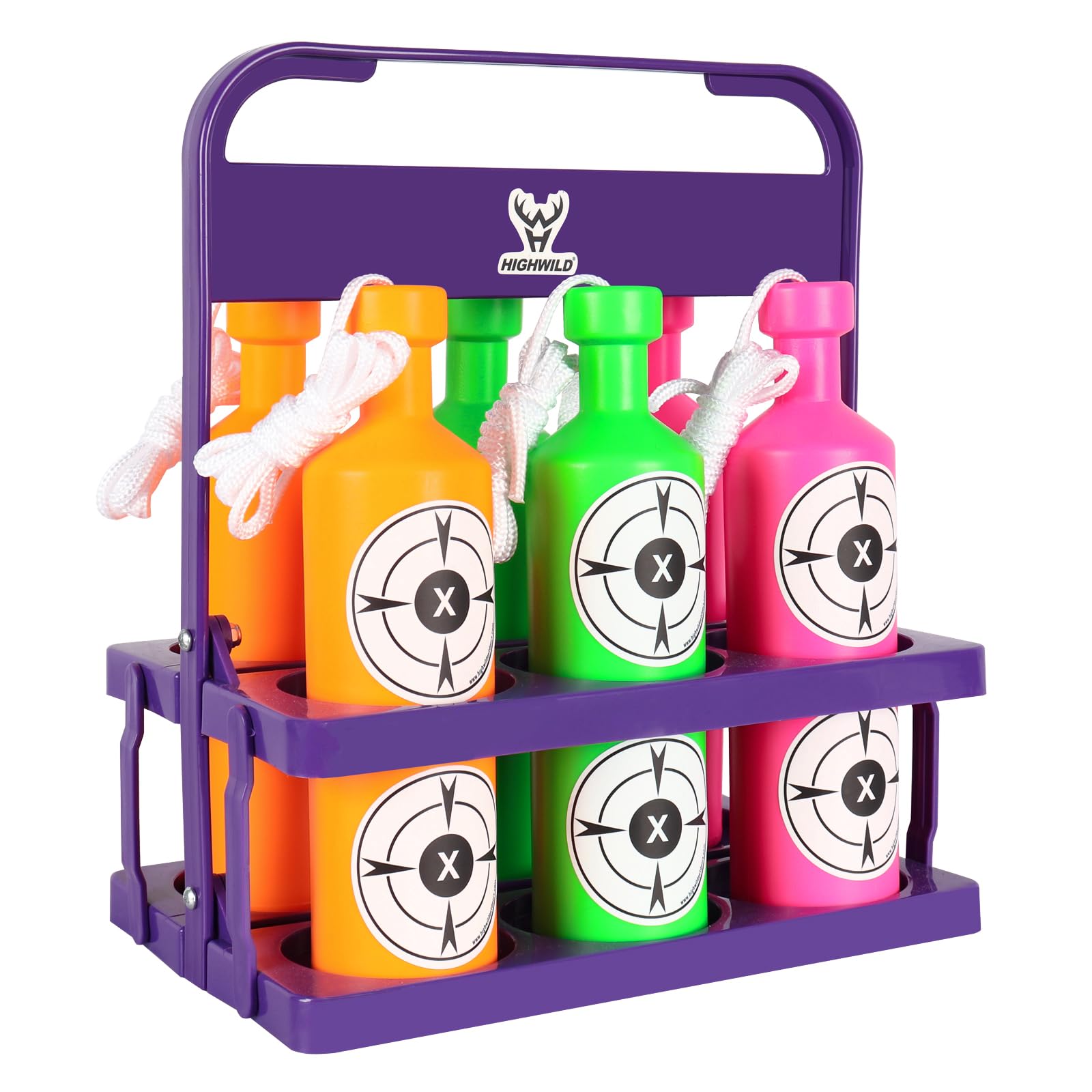 Highwild Plastic Bottle Targets for Shooting - 6 Neon Bottles with Hanging Rope - Includes Foldable Storage Rack - Ideal for Indoor and Outdoor Training (Orange/Green/Pink)