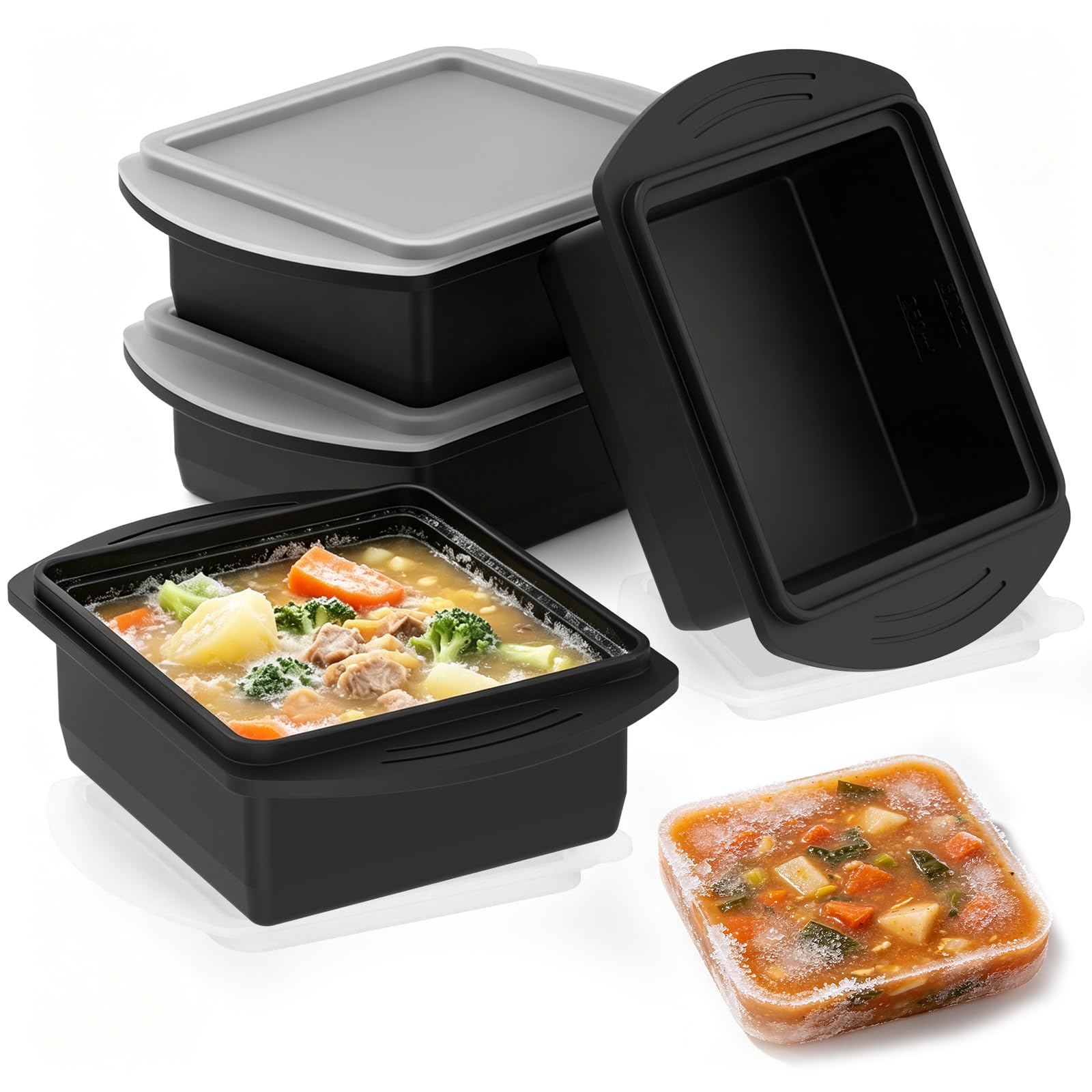 YJQXMYU 4Pack Soup Freezer Mould with Lids, 500ml Silicone Portion Freezer Tray, Stackable Meal Prep Containers, Flexible Non Stick Molds for Freezing, Batch Cooking, Broth, Sauce, Butter(Black)