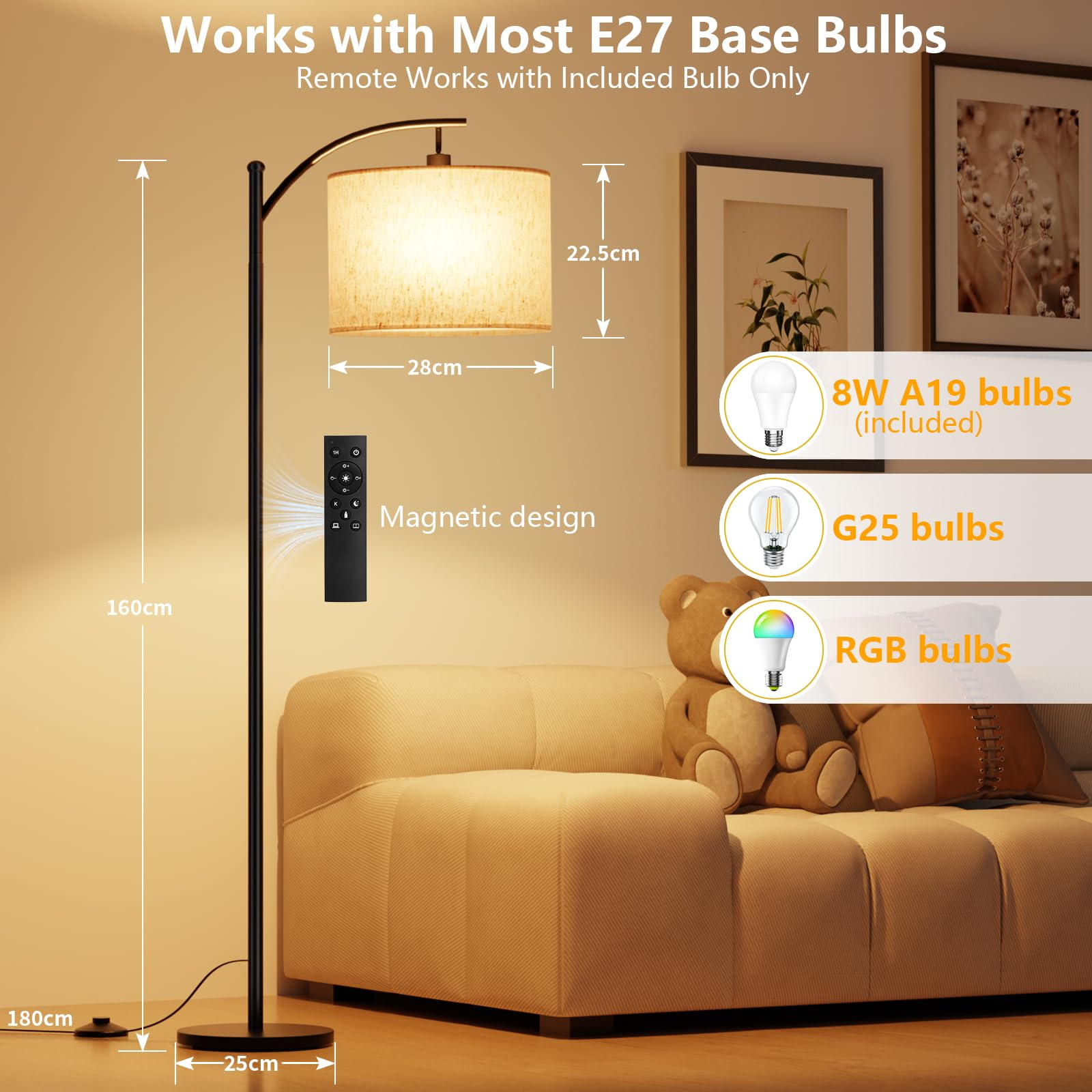 Stehlampe Wohnzimmer Dimmbar 160cm mit Fernbedienung, 3 Farbwechsel | Moderne Bogenlampe Wohnzimmer, mit Verstellem Beigen Leinen-Lampenschirm, Fußtaster, Metallaufbau, E27 Glühbirne Inklusive