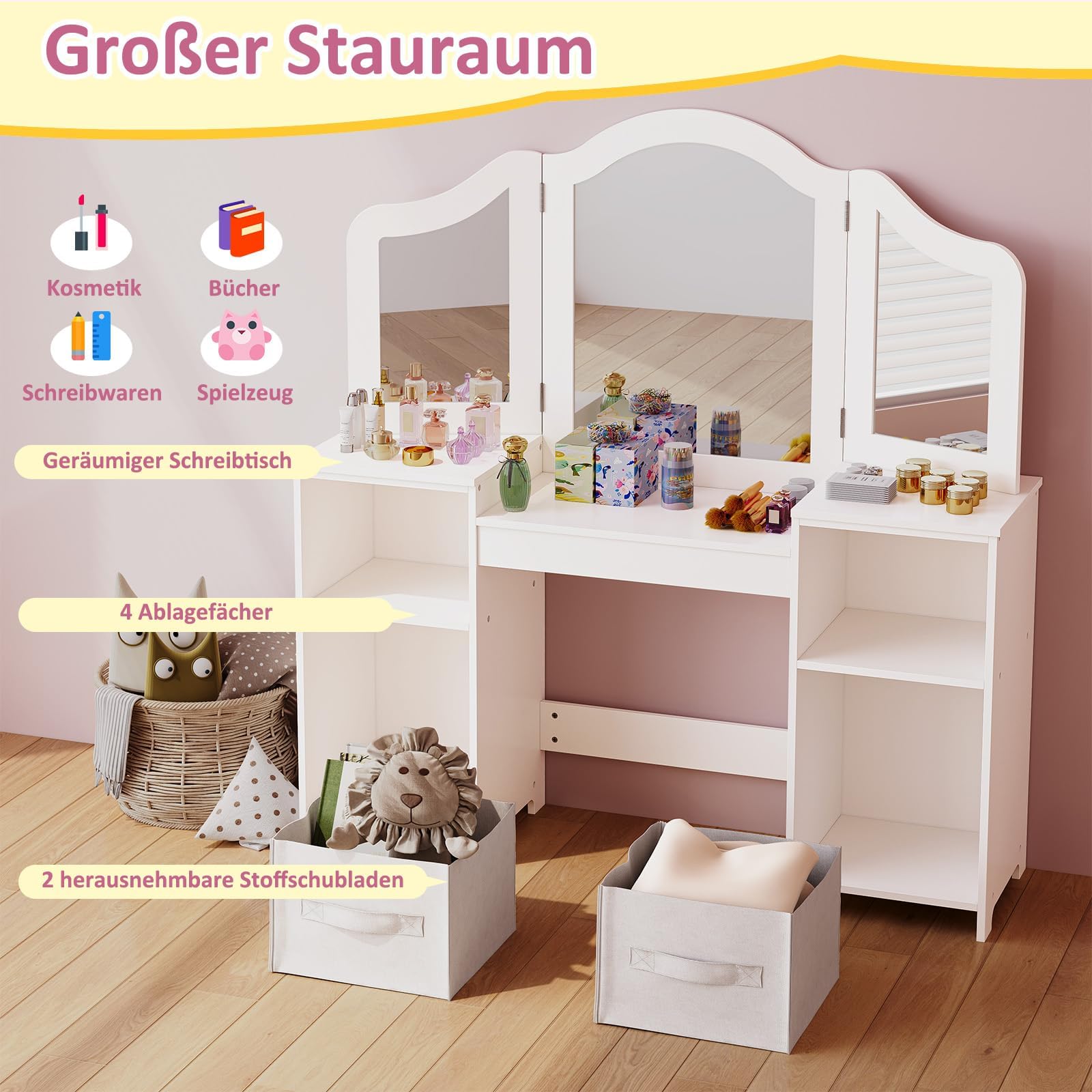 Clevich Coiffeuse Enfant 2 en 1, Amovible, Coiffeuse avec Miroir et Tabouret Enfant, Bureau pour Enfants Robuste, avec 4 Étagères et 2 Boîtes de Rangement, pour Enfants de 3 Ans+ (Blanc)