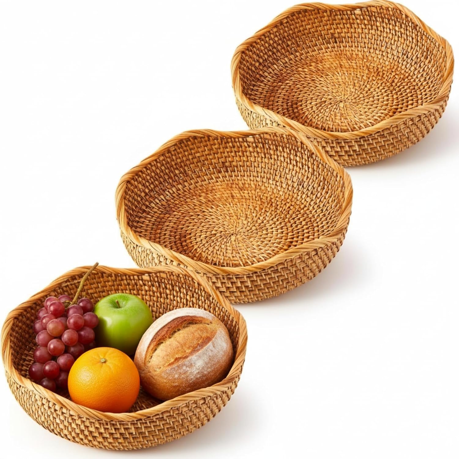 3 Pcs 10.2 Rattan Bread Baskets Round Scalloped Wicker Fruit Food Serving Storage Bowls Large Woven Natural Decorative Basket Tray for Kitchen Entryway Tabletop Counter Organizing