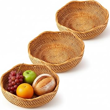 3 Pcs 10.2 Inch Scalloped Rattan Baskets Round Wicker Bowls