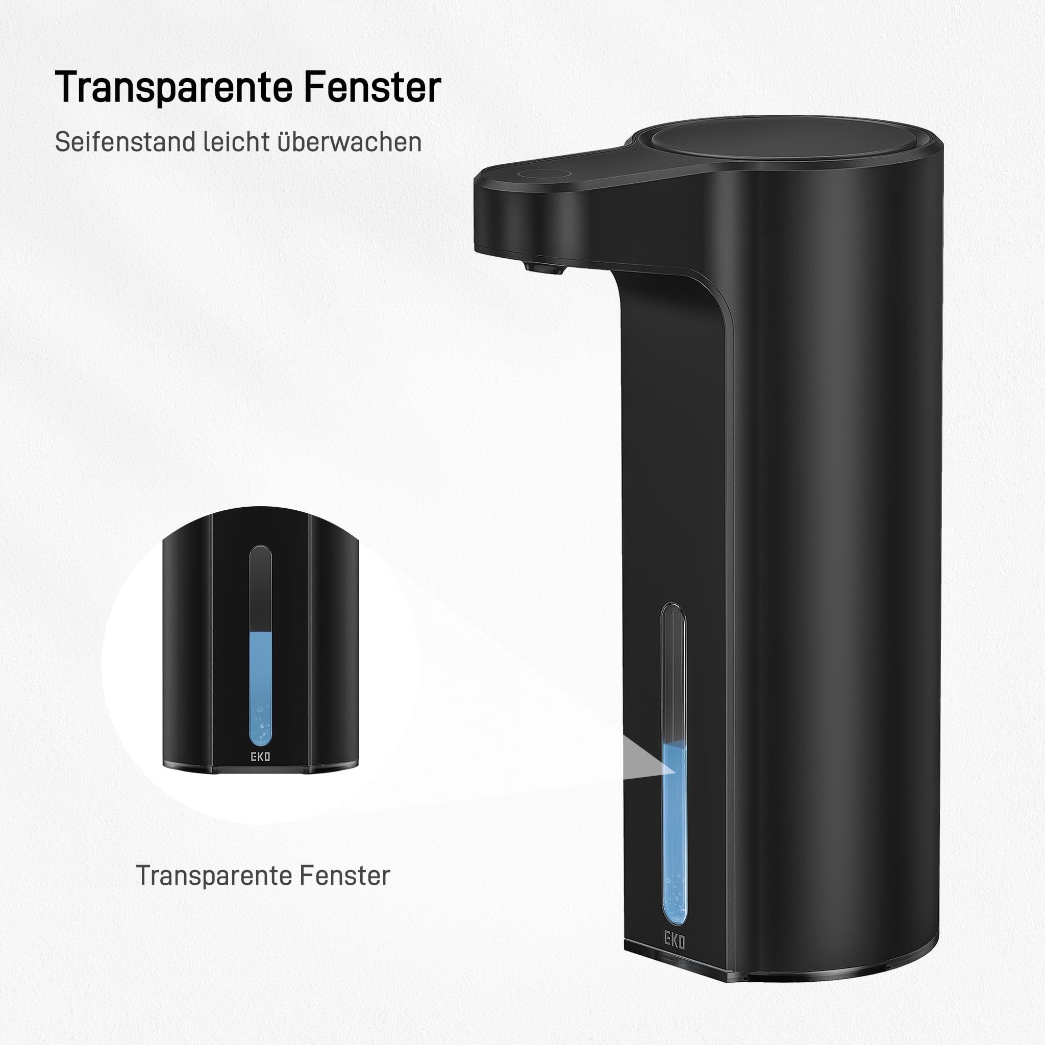 EKO Automatischer Seifenspender mit Sichtfenster, Spülmittelspender mit Infrarotsensor, 250 ml, USB-aufladbar, wasserdicht, einstellbare Dosierung, tropffrei, für Küche & Bad, Mattschwarz