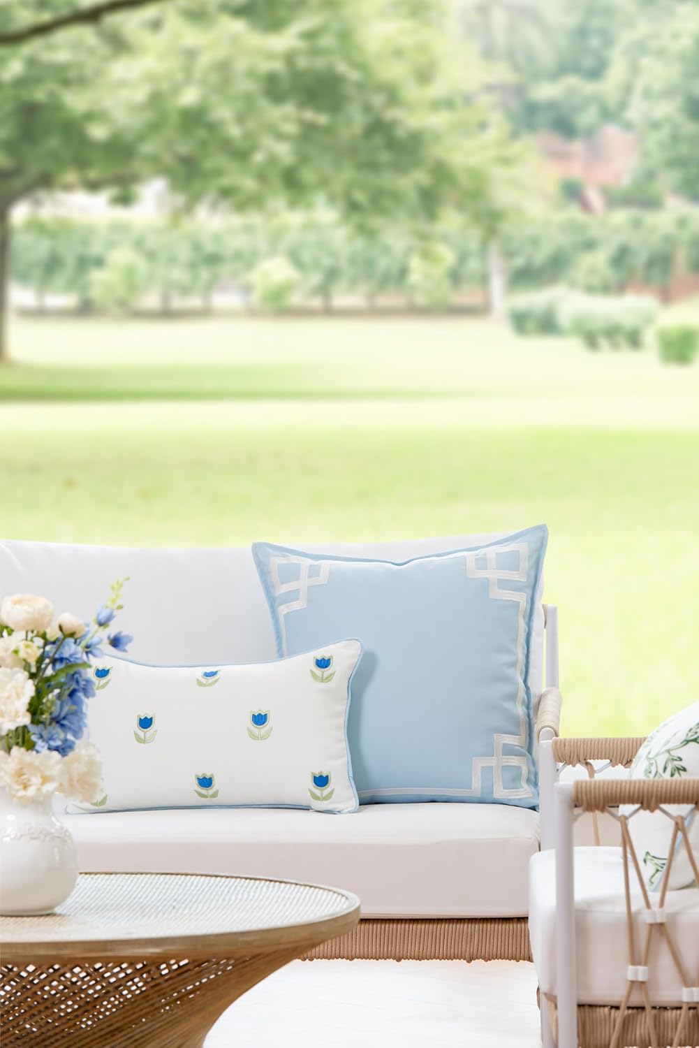 Hofdeco Premium Coastal Patio Indoor Outdoor Lumbar Pillow Cover Only, 12"x20" Water Repellent for Backyard, Couch, Baby Blue Green Embroidered Tulips Floral with Piping