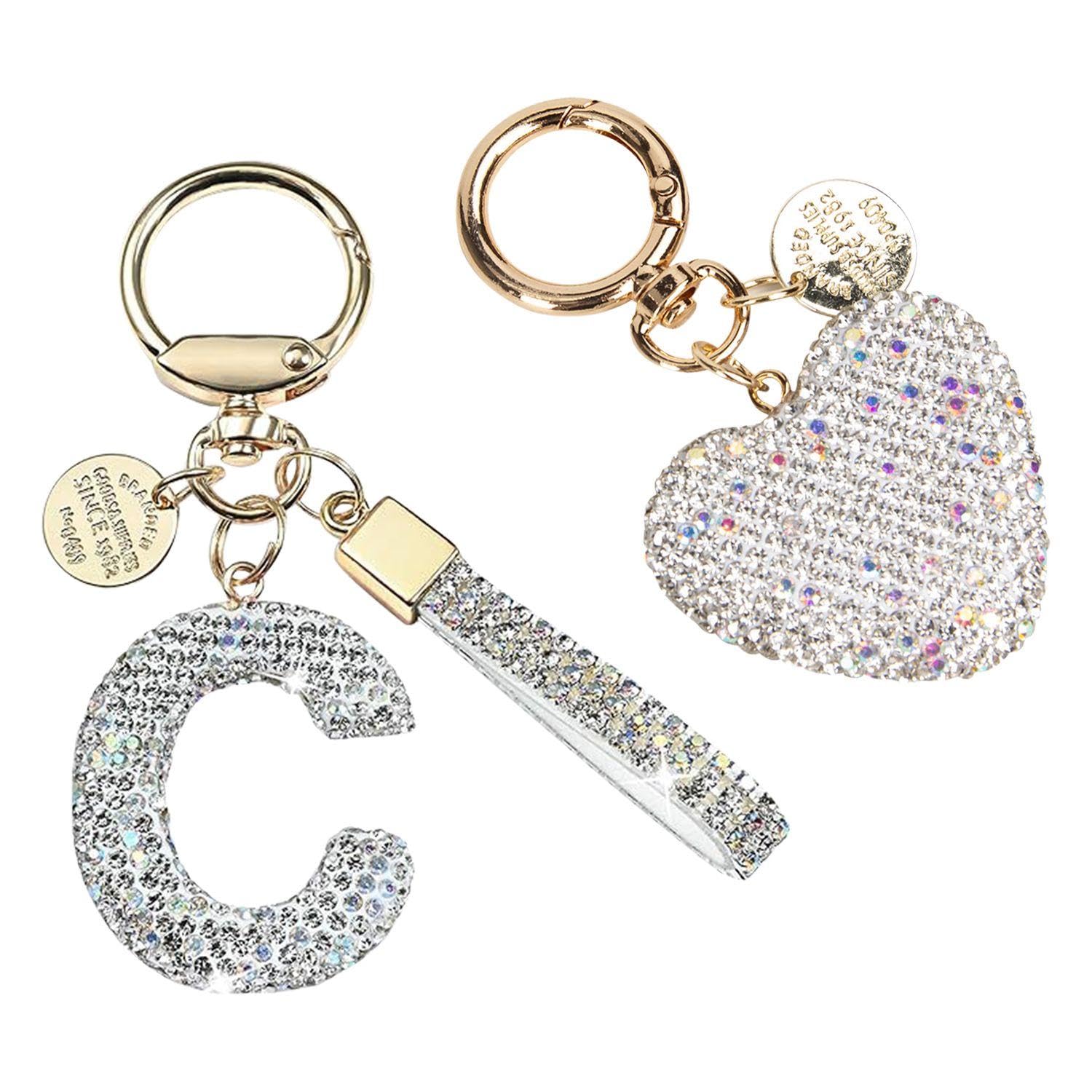 VEHYEGOI 1 Diamond Letter Buckle, 1 Diamond Heart Key Chain, Women'S Key Chain, Letter C Key Chain, Rhinestone Key Chain