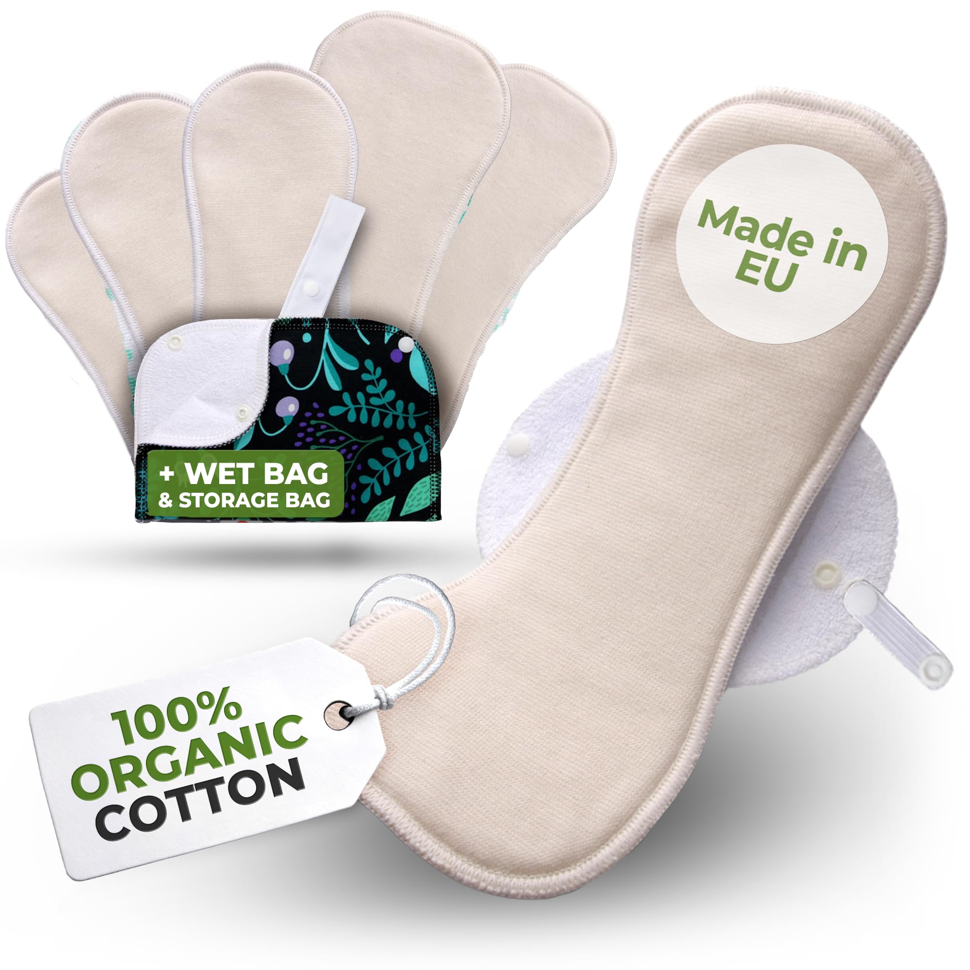 Organic Cotton Reusable Sanitary Pads for Heavy Flow & Incontinence (L+XL, 6-Pack); High-Temp Washable Period Pads for Women Made in EU; Non-Irritating Towels, Soft Reusable Pads for Comfortable Care